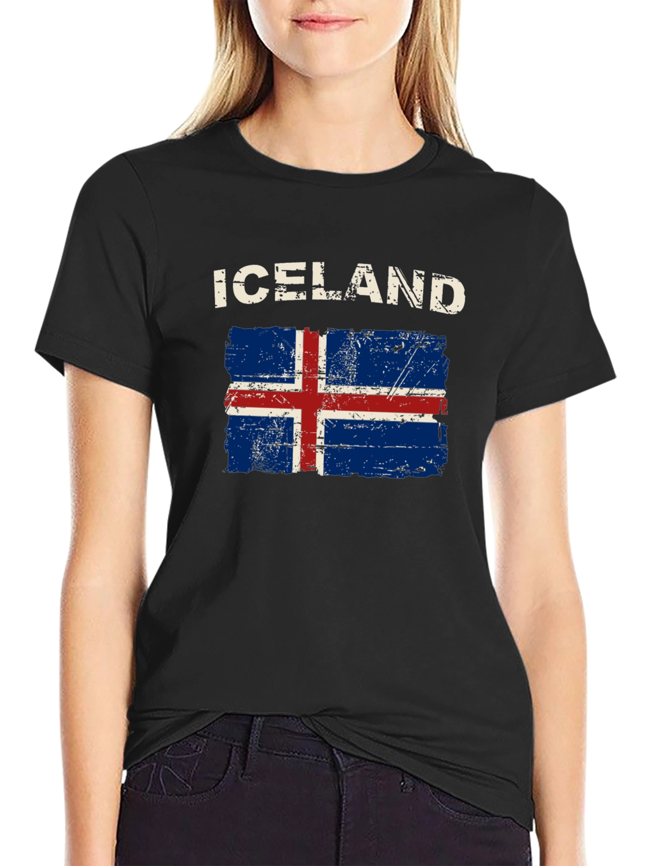 Iceland Flag Distressed T-Shirt - Black