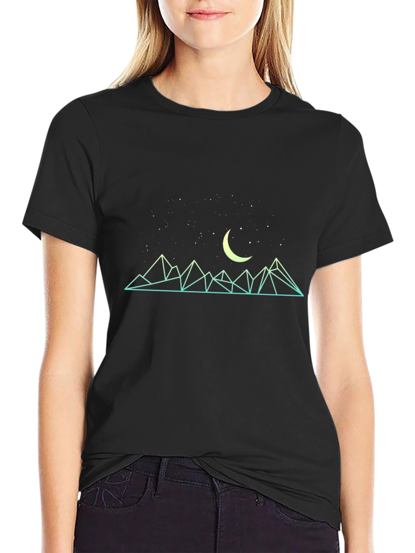 Geometric Mountain & Moon Graphic Tee - Black