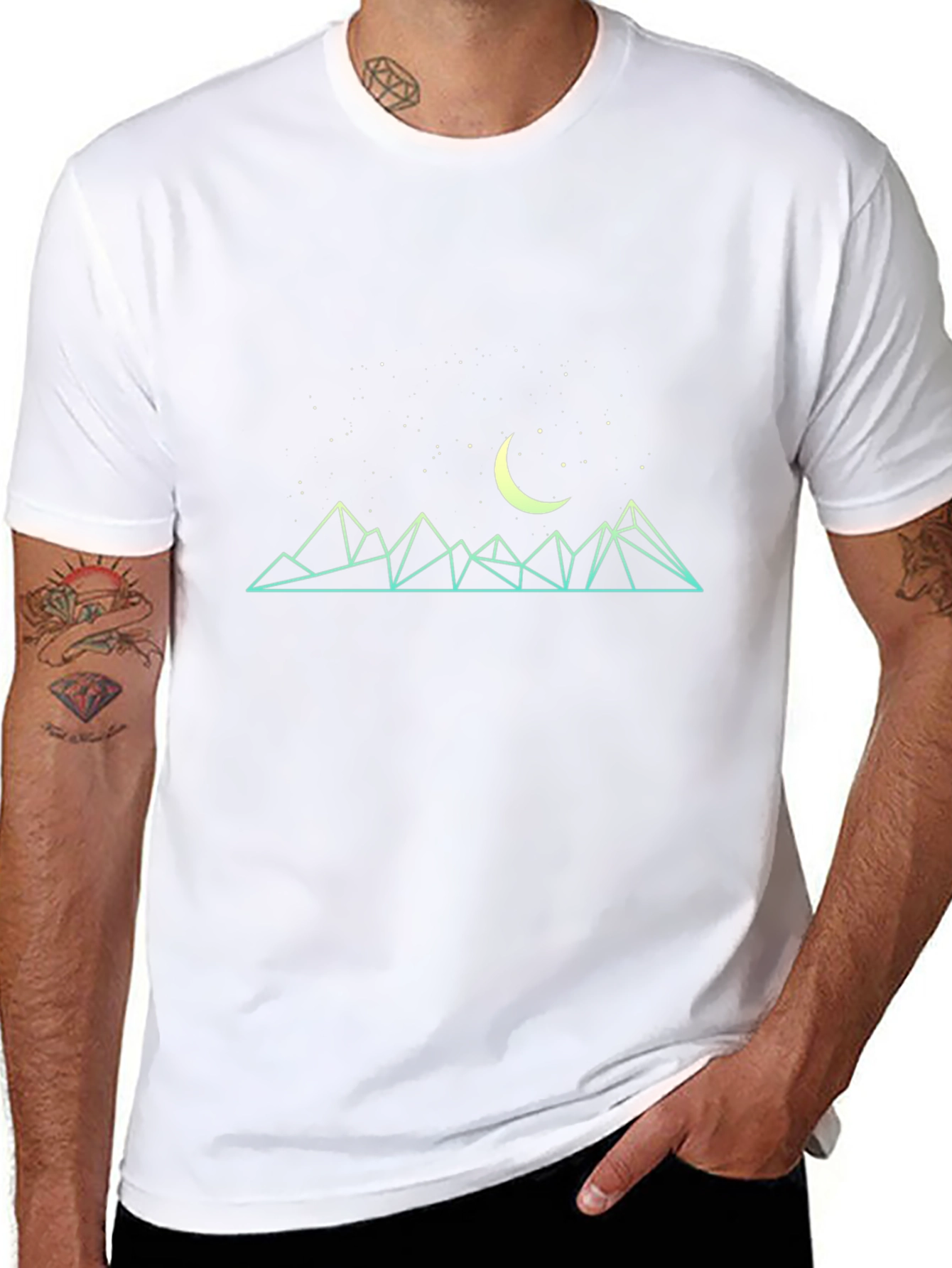 Geometric Mountain & Moon Graphic Tee - Black