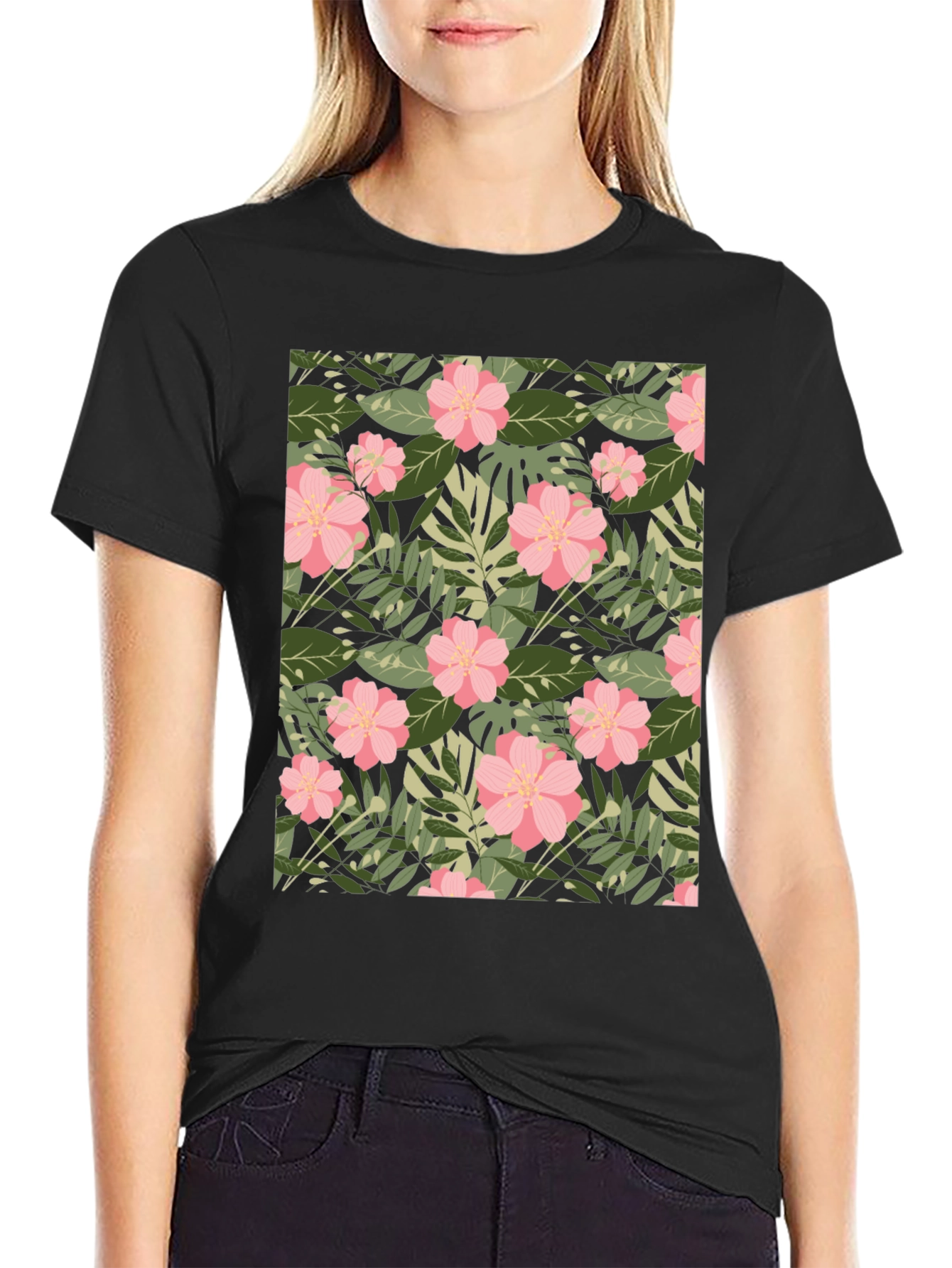 Tropical Floral Print Black T-Shirt