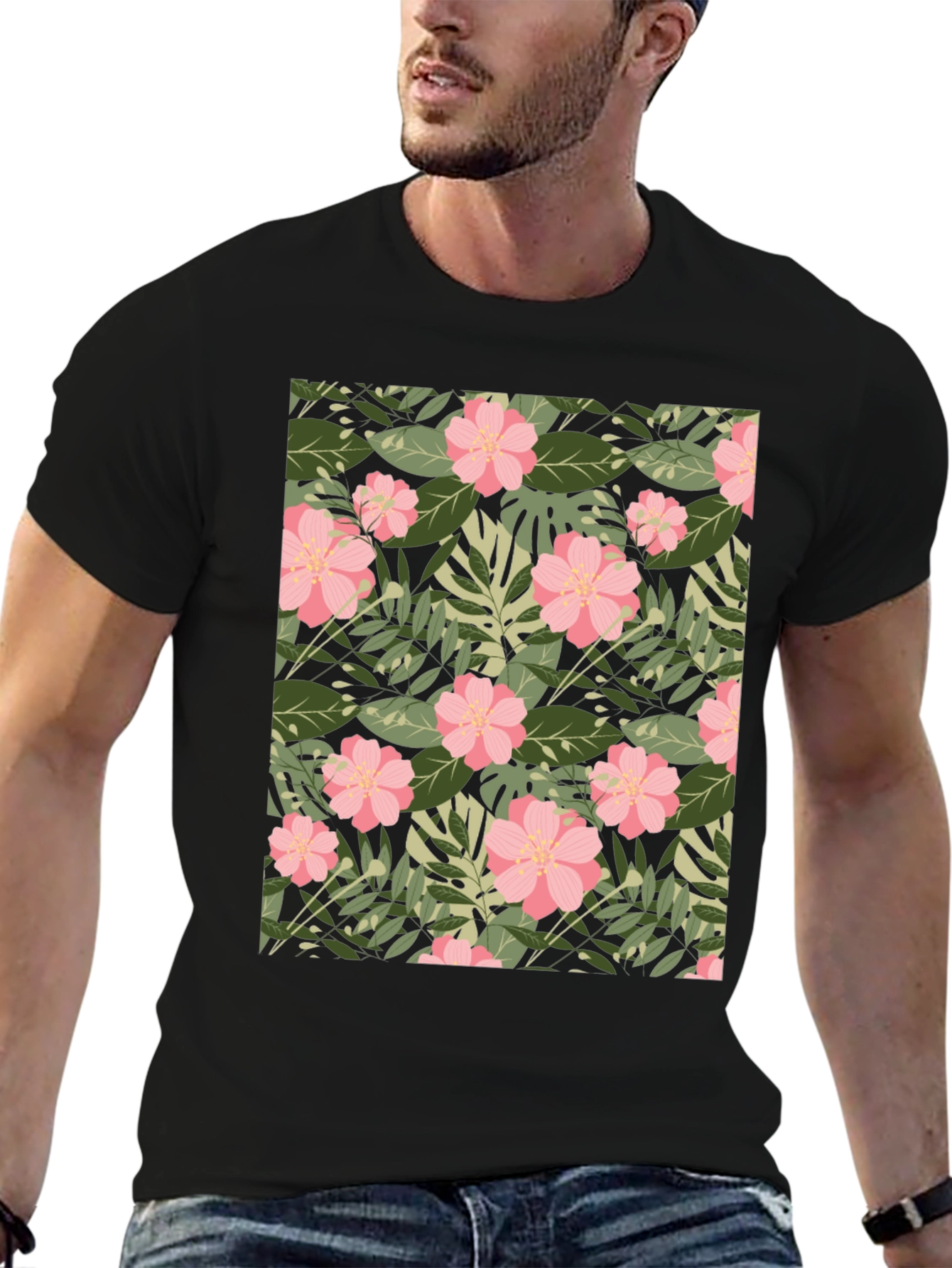 Tropical Floral Print Black T-Shirt