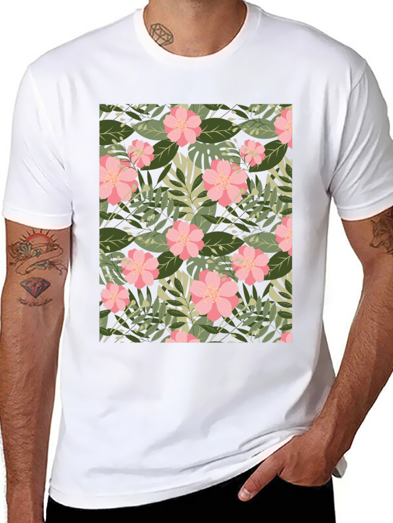 Tropical Floral Print Black T-Shirt