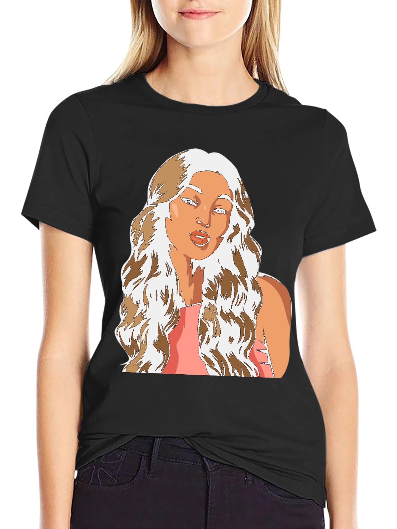Cartoon Woman Graphic Tee - Black