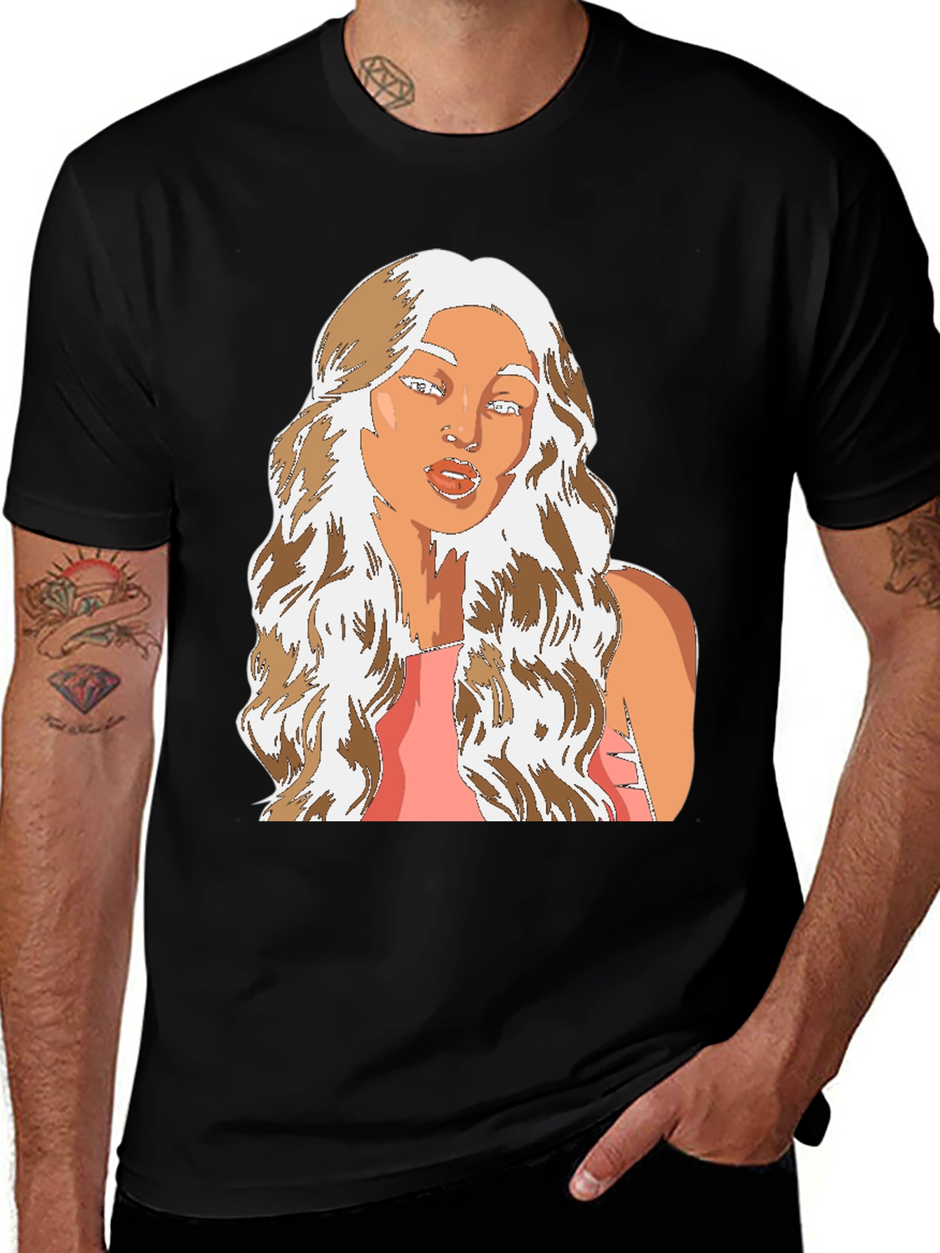 Cartoon Woman Graphic Tee - Black