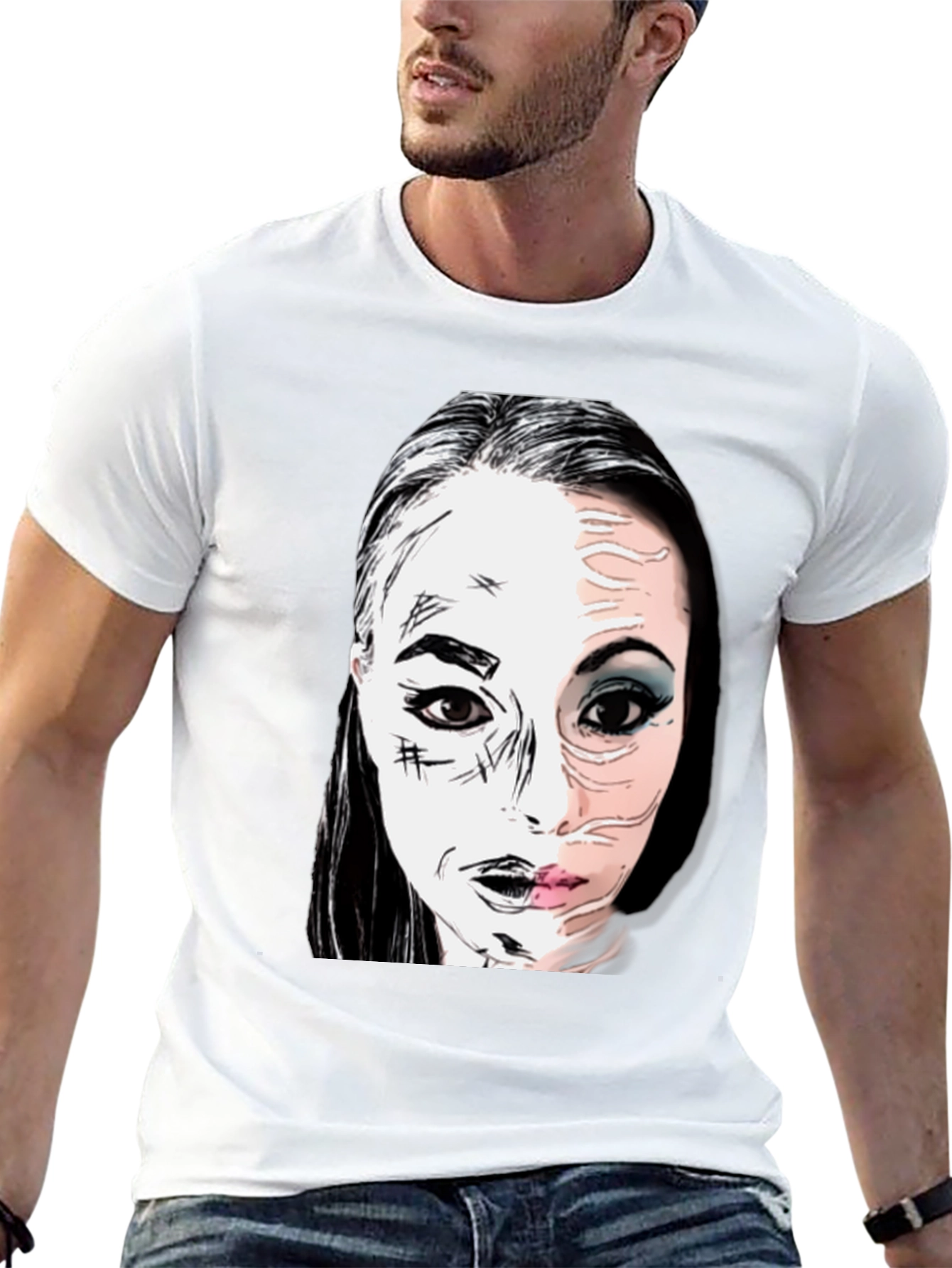 Graphic Print Half Face T-Shirt