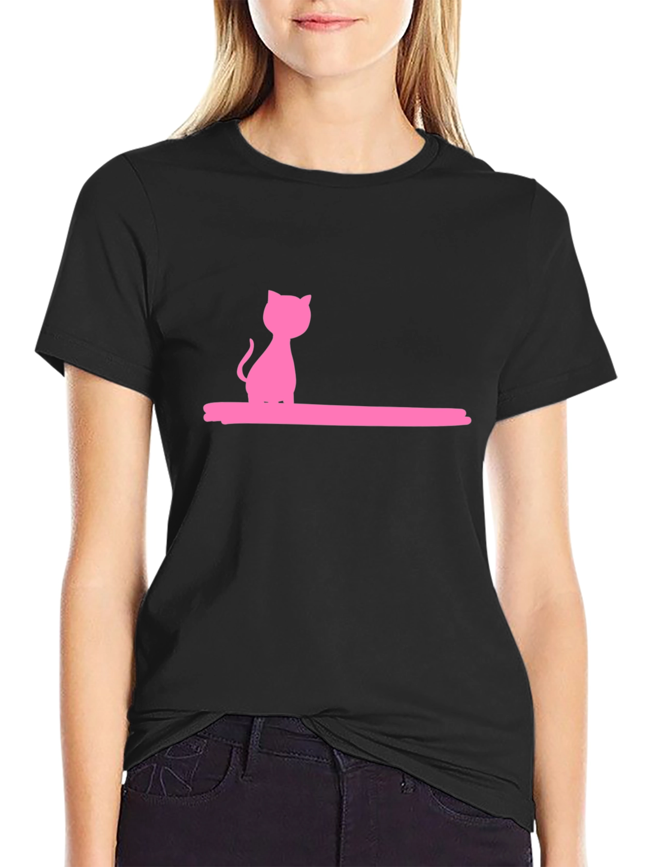 Pink Cat Graphic Black T-Shirt