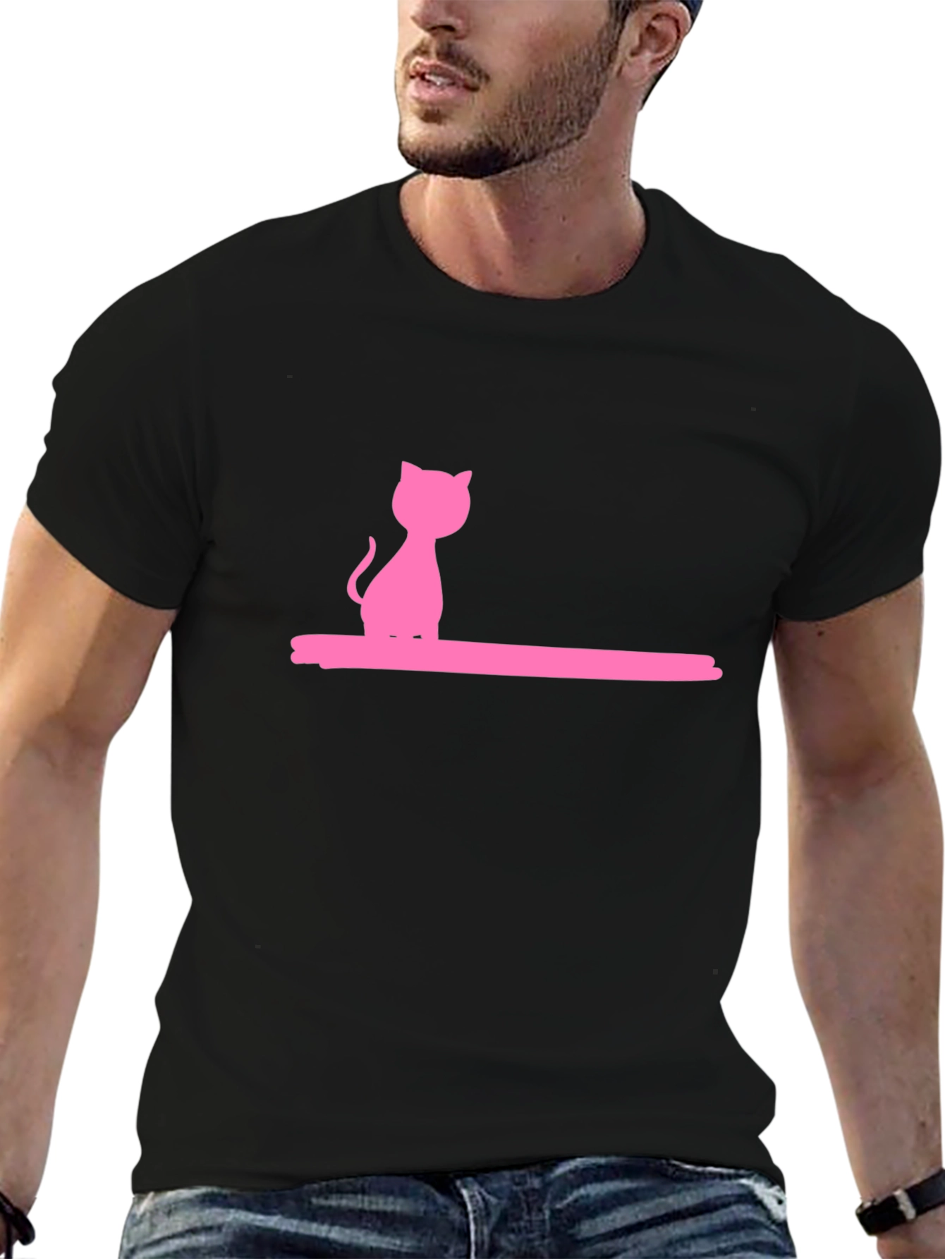 Pink Cat Graphic Black T-Shirt