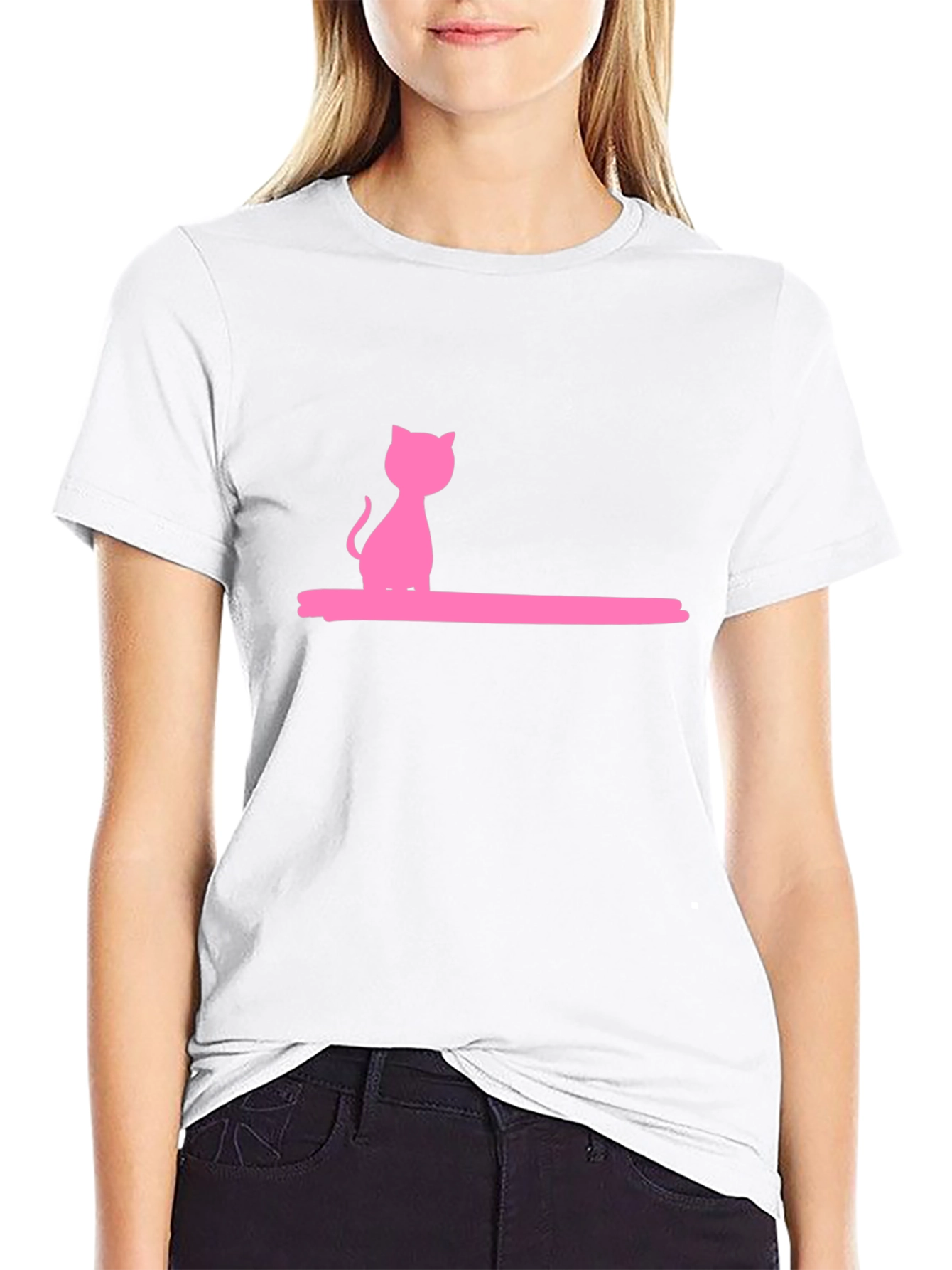 Pink Cat Graphic Black T-Shirt