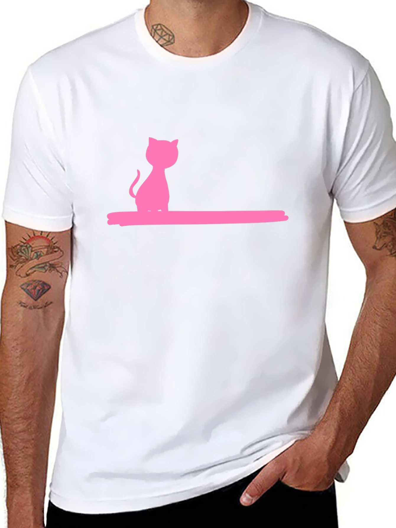 Pink Cat Graphic Black T-Shirt