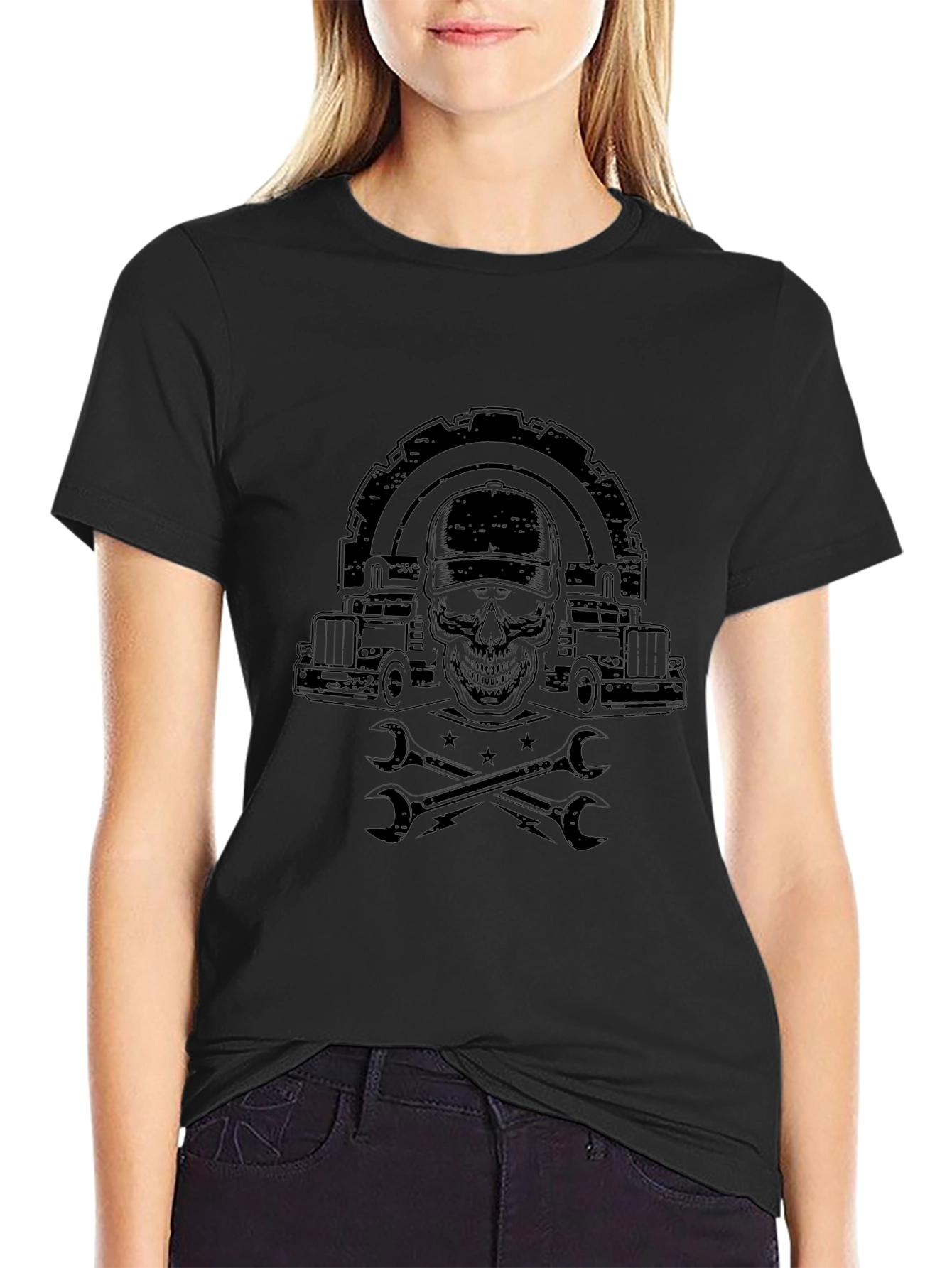 Black Trucker Skull Graphic T-Shirt