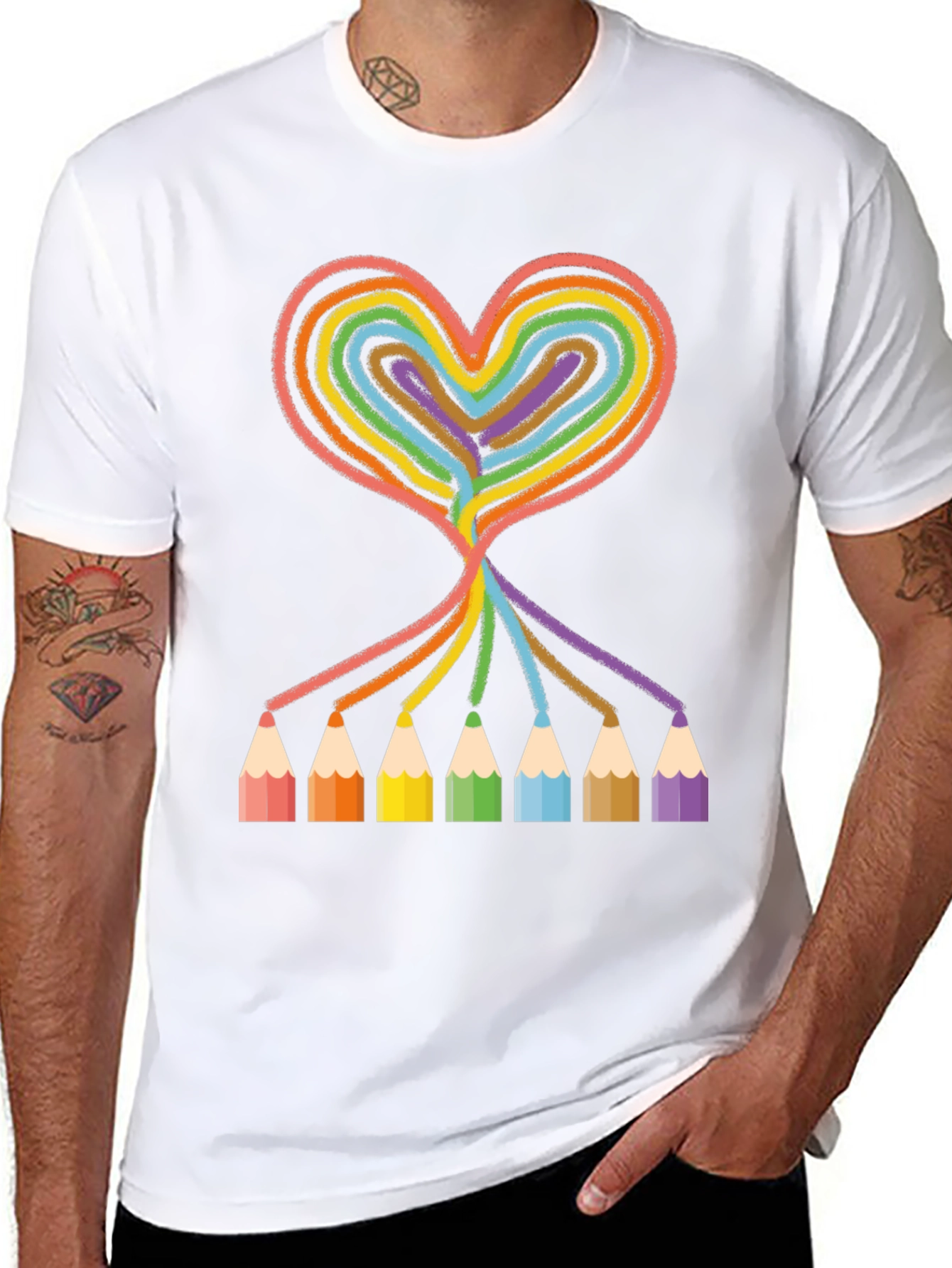 Rainbow Heart Pencil T-Shirt - Creative Art Tee