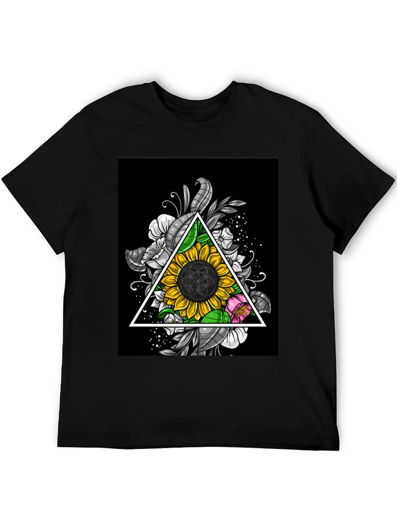 Sunflower Triangle Graphic Print Black T-Shirt