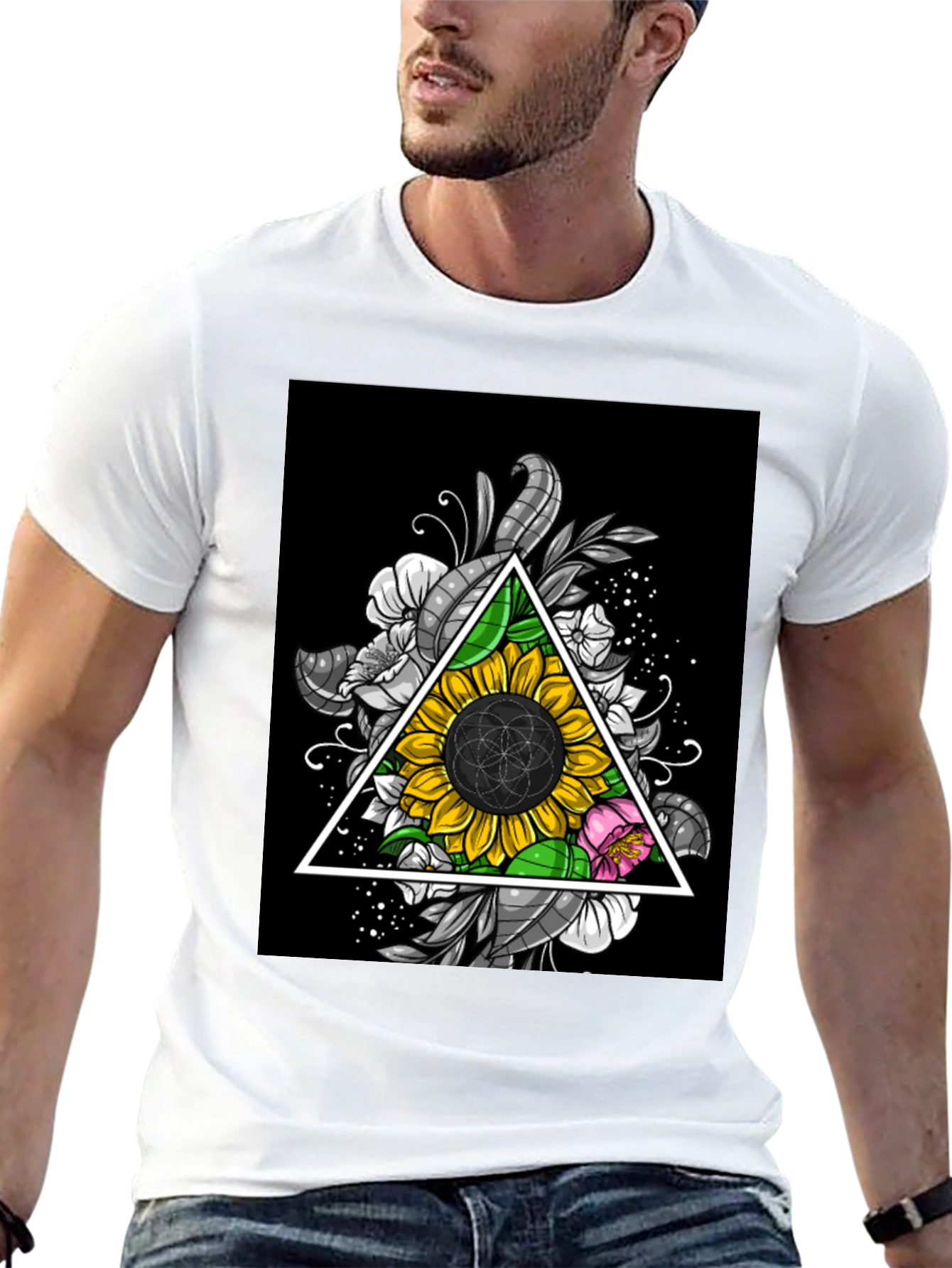 Sunflower Triangle Graphic Print Black T-Shirt