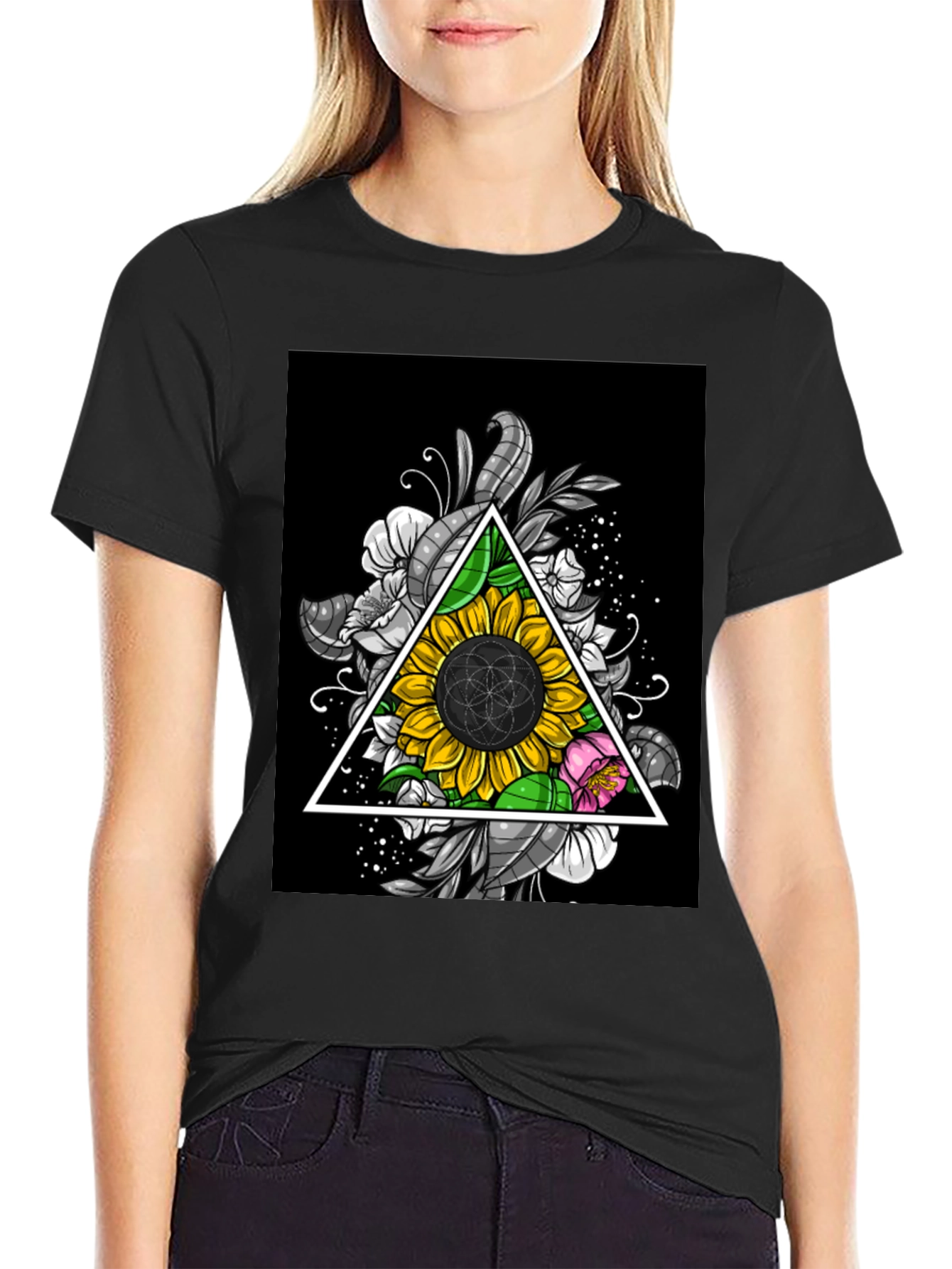 Sunflower Triangle Graphic Print Black T-Shirt