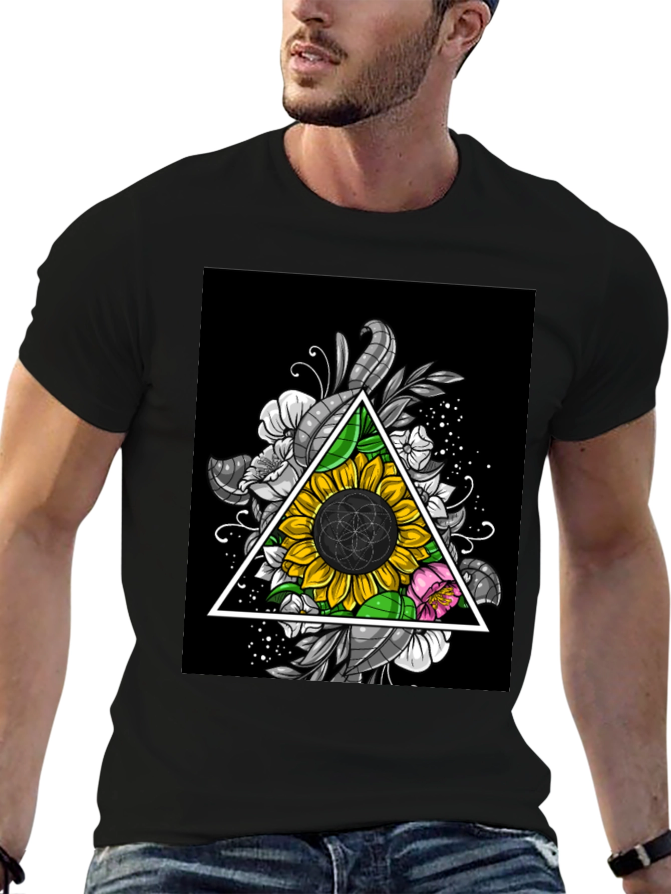 Sunflower Triangle Graphic Print Black T-Shirt