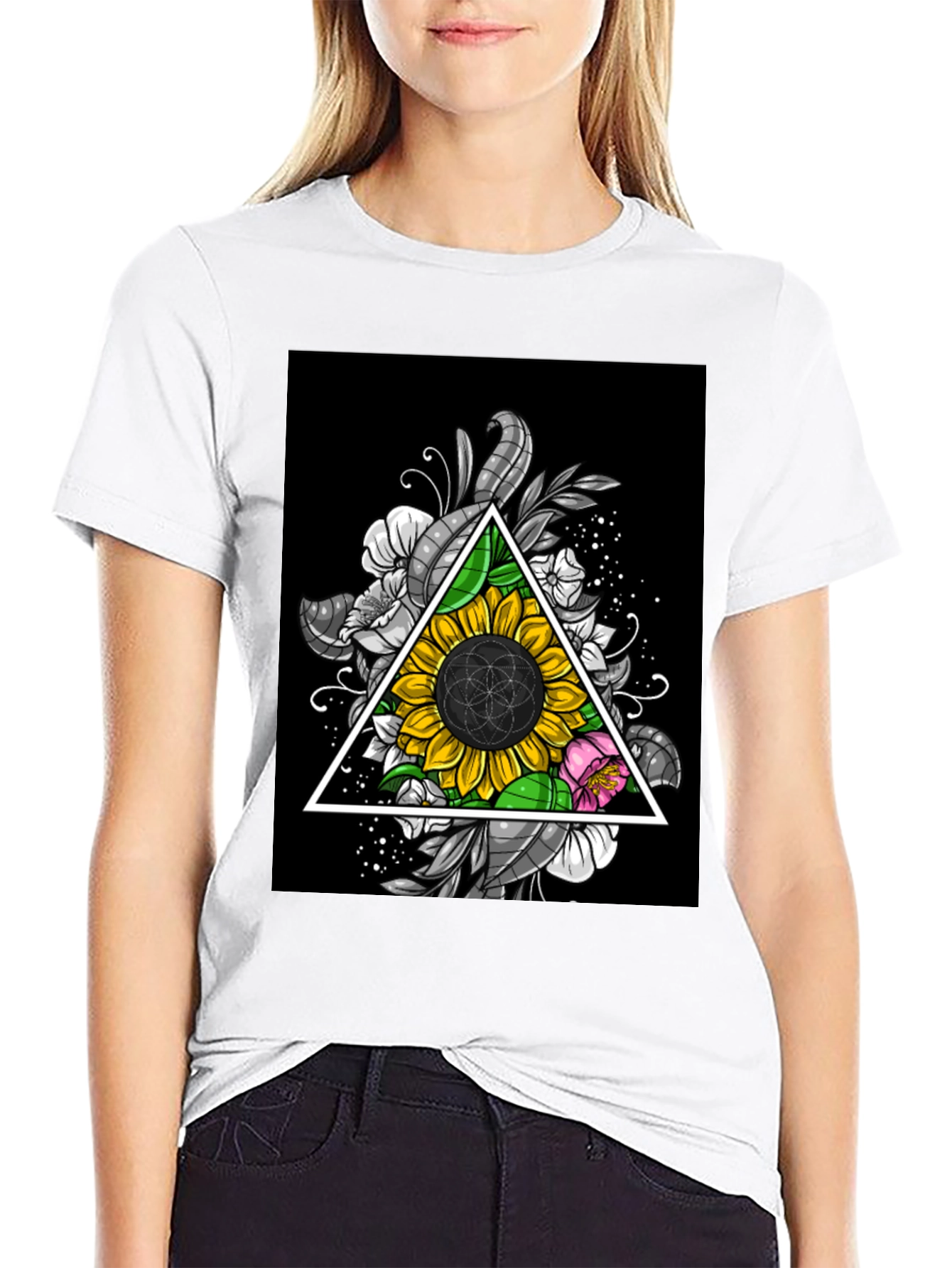 Sunflower Triangle Graphic Print Black T-Shirt