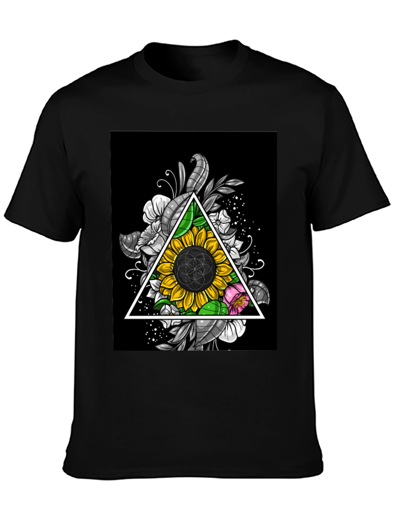 Sunflower Triangle Graphic Print Black T-Shirt