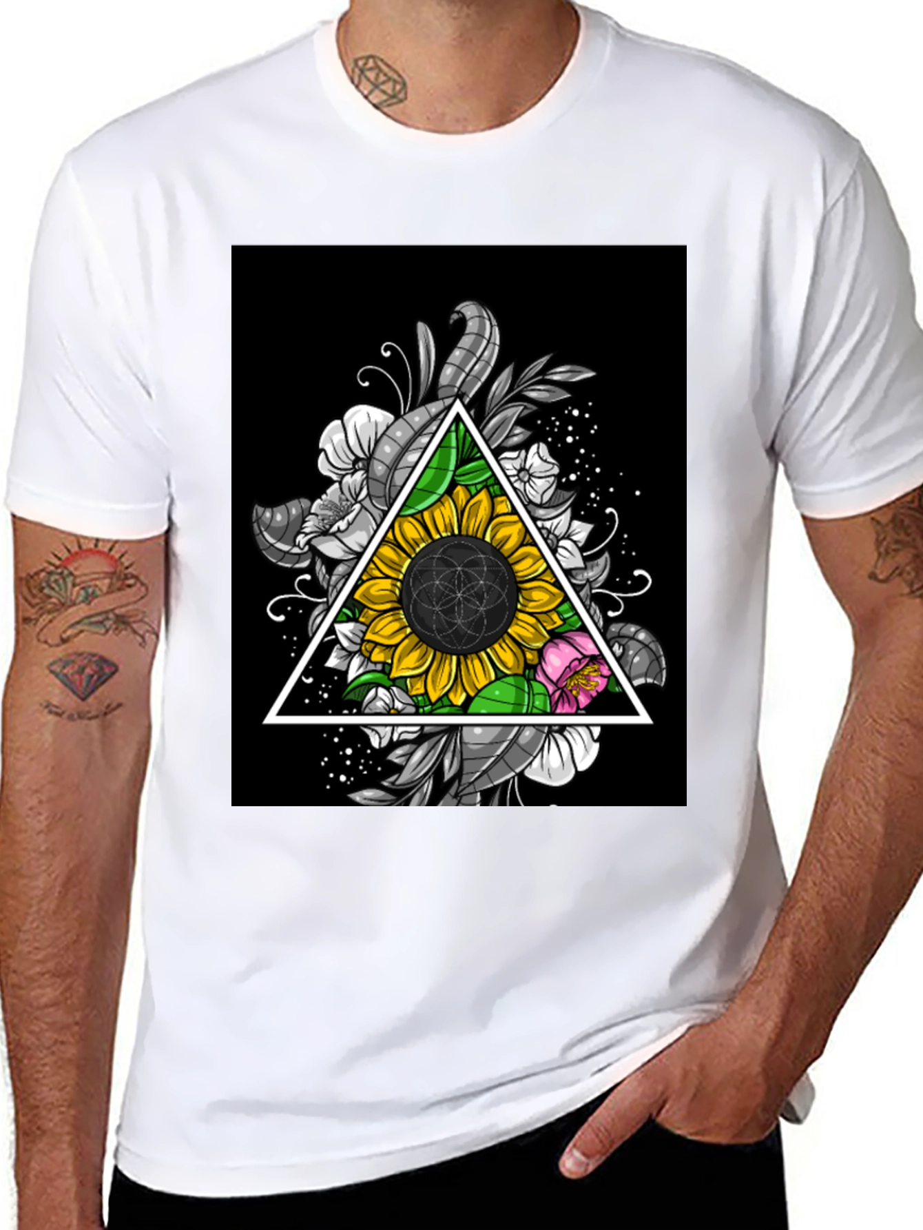 Sunflower Triangle Graphic Print Black T-Shirt