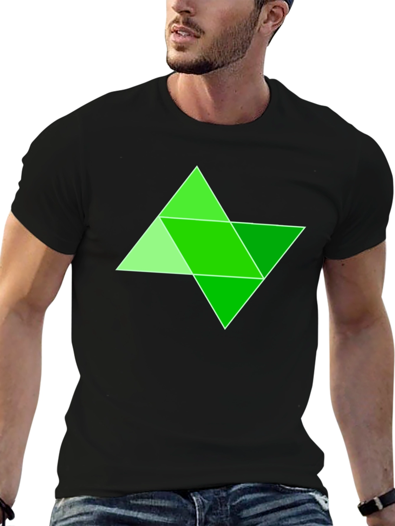 Geometric Green Triangle Design Black T-Shirt