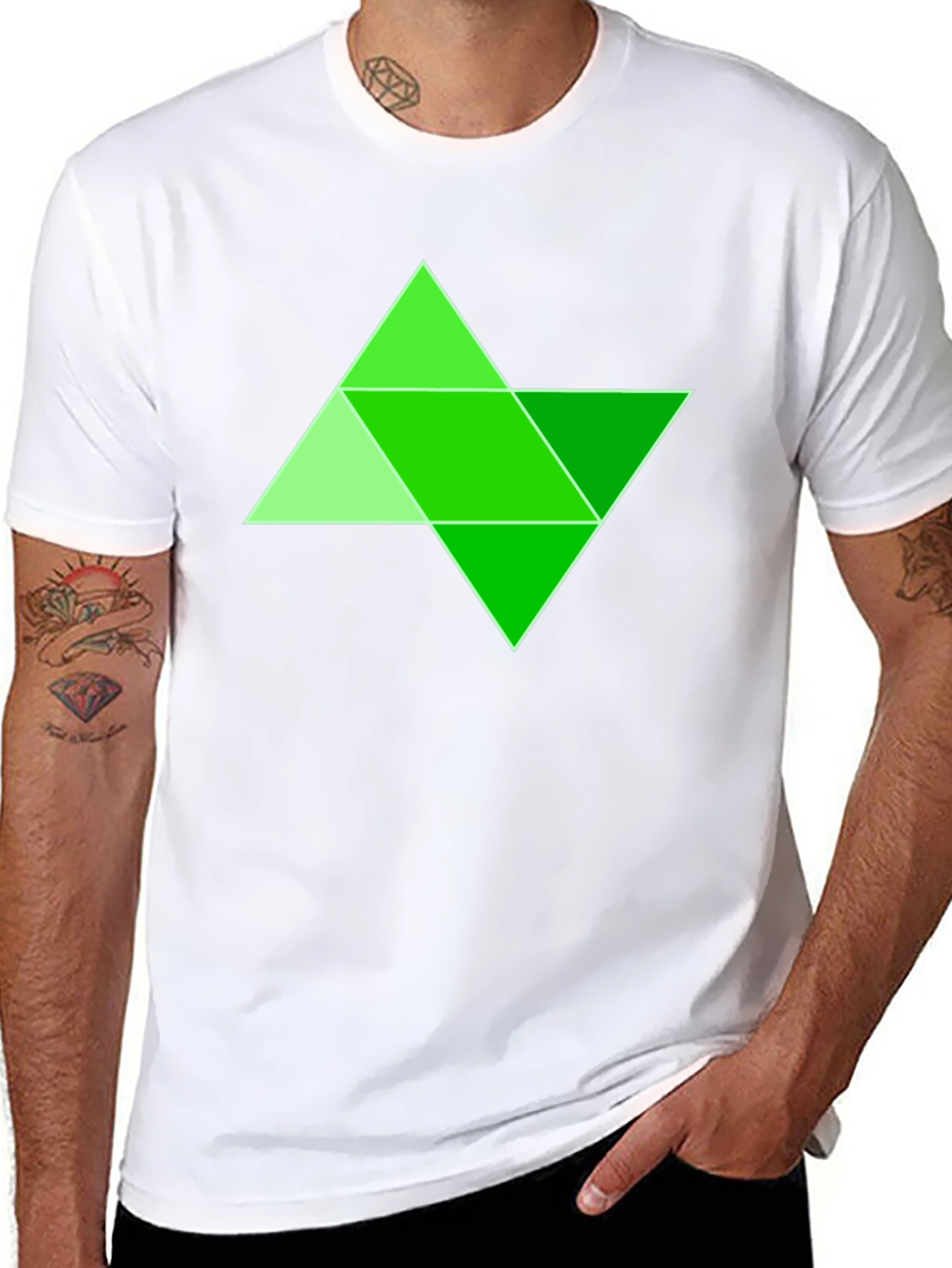Geometric Green Triangle Design Black T-Shirt