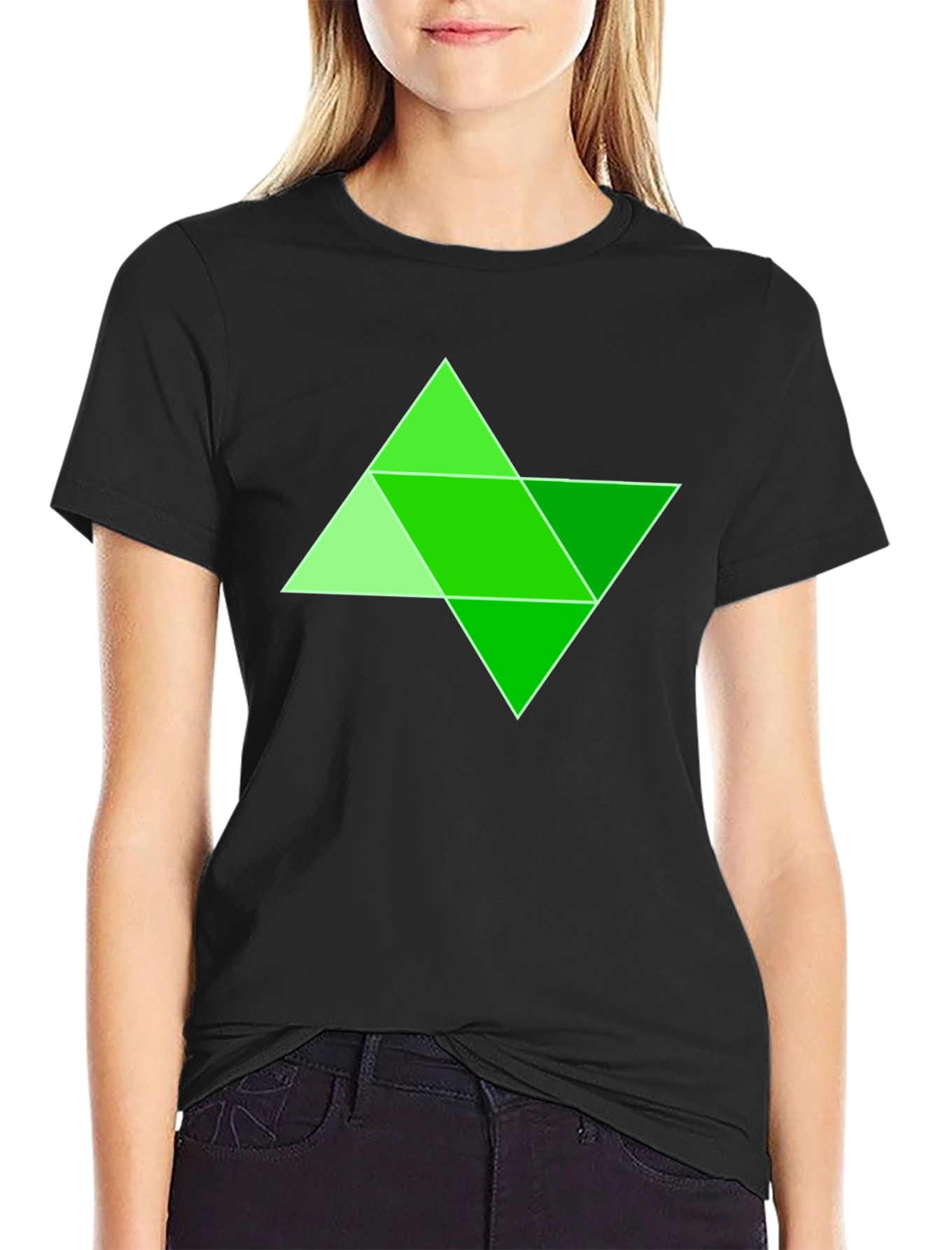 Geometric Green Triangle Design Black T-Shirt