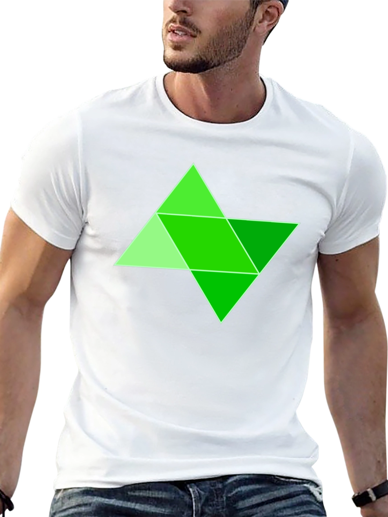 Geometric Green Triangle Design Black T-Shirt