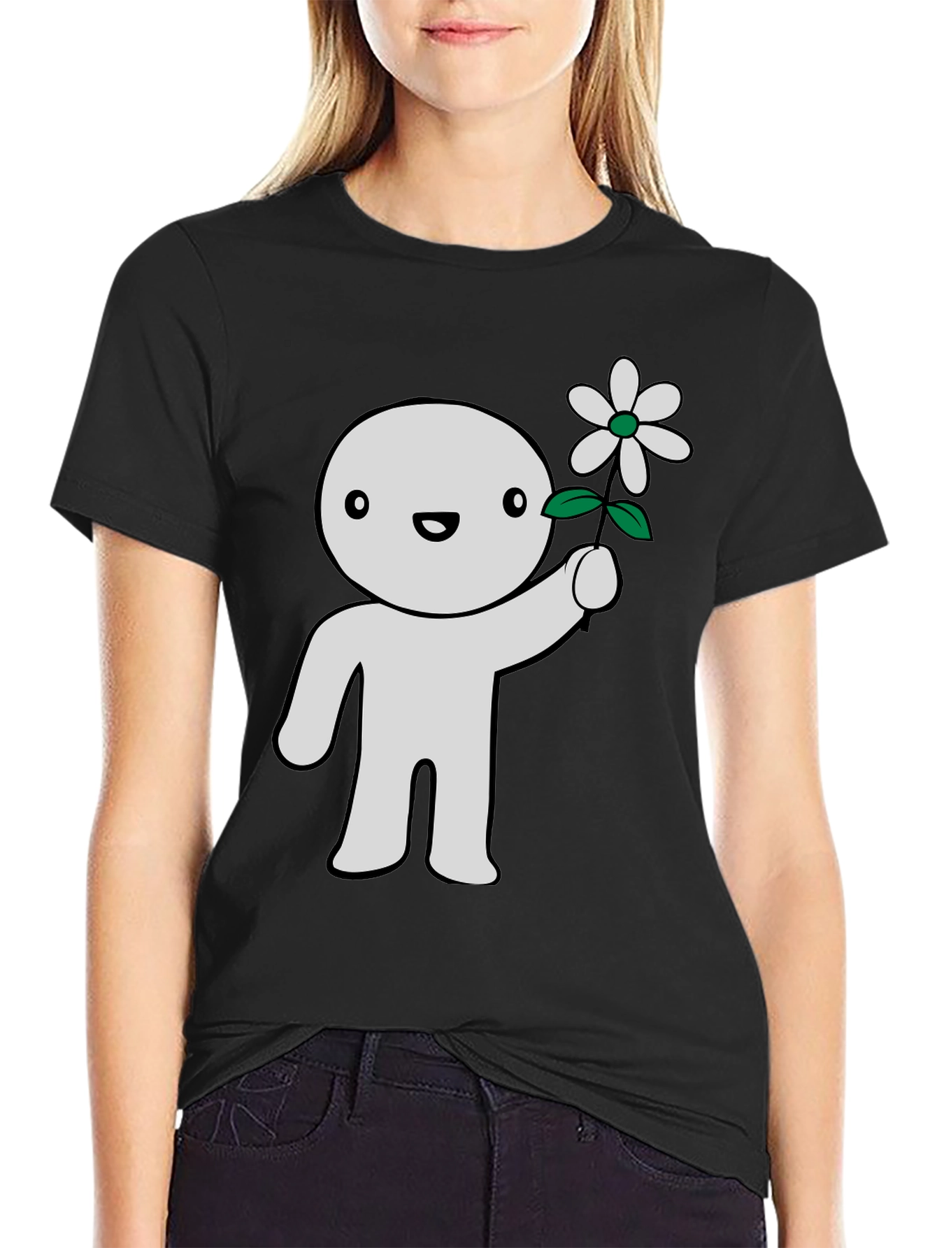 Cute Character Holding Flower Graphic T-Shirt