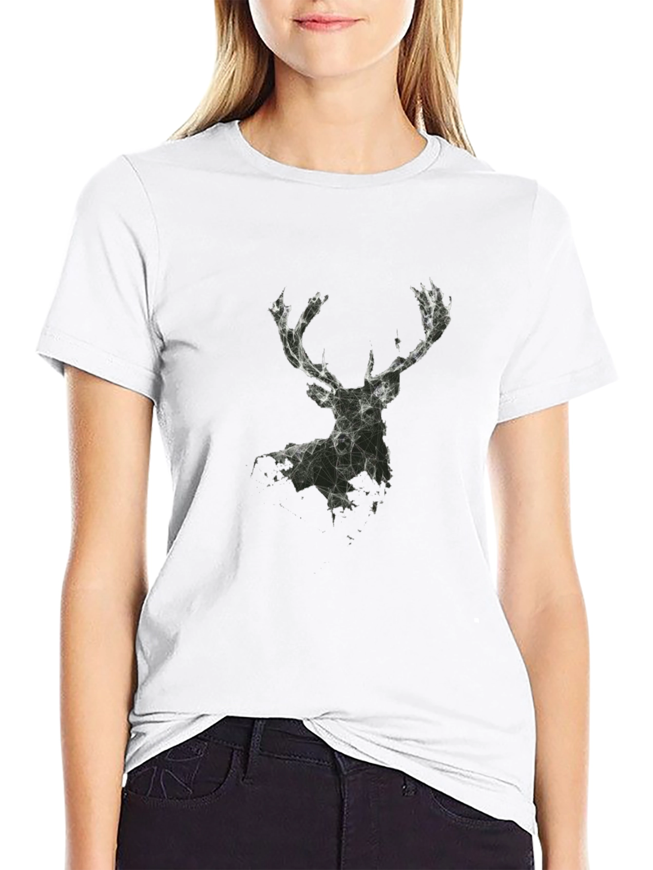 Geometric Deer Graphic T-Shirt - Black
