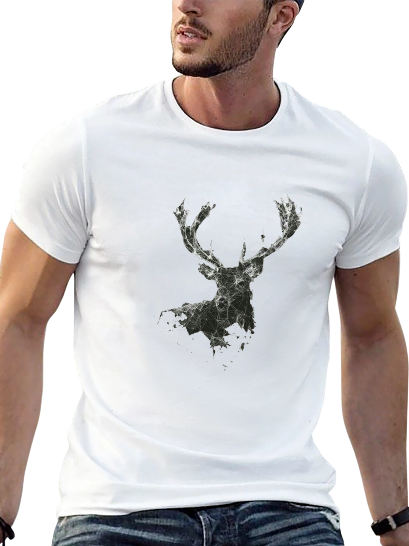 Geometric Deer Graphic T-Shirt - Black