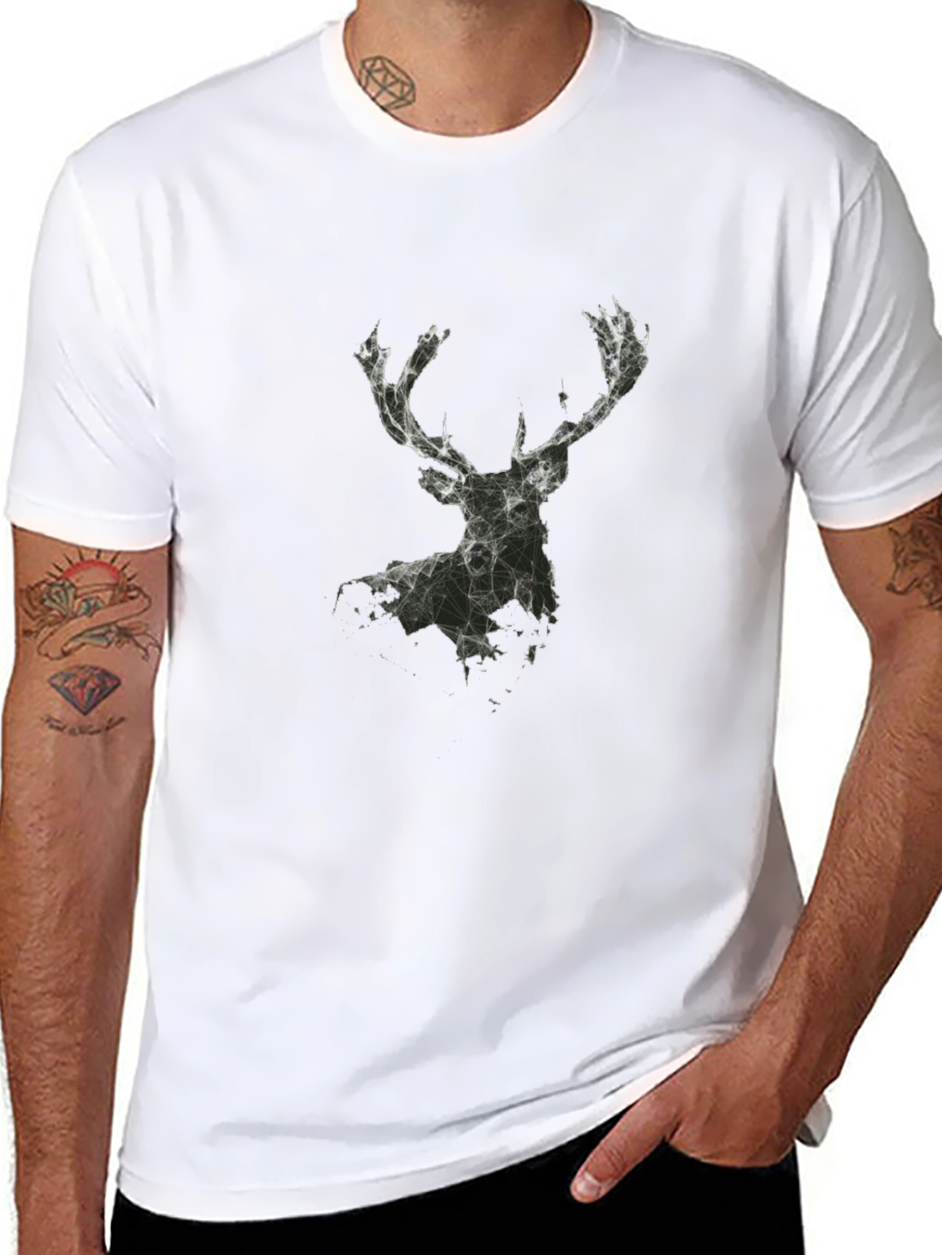 Geometric Deer Graphic T-Shirt - Black