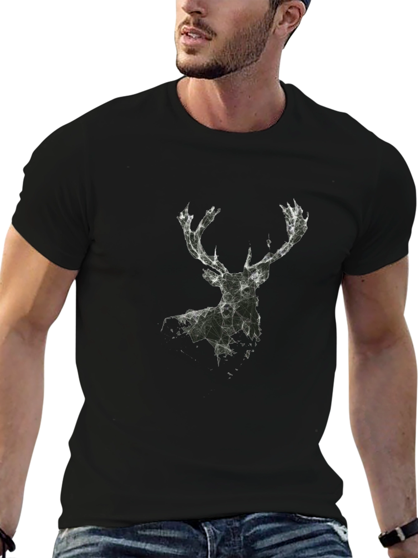 Geometric Deer Graphic T-Shirt - Black
