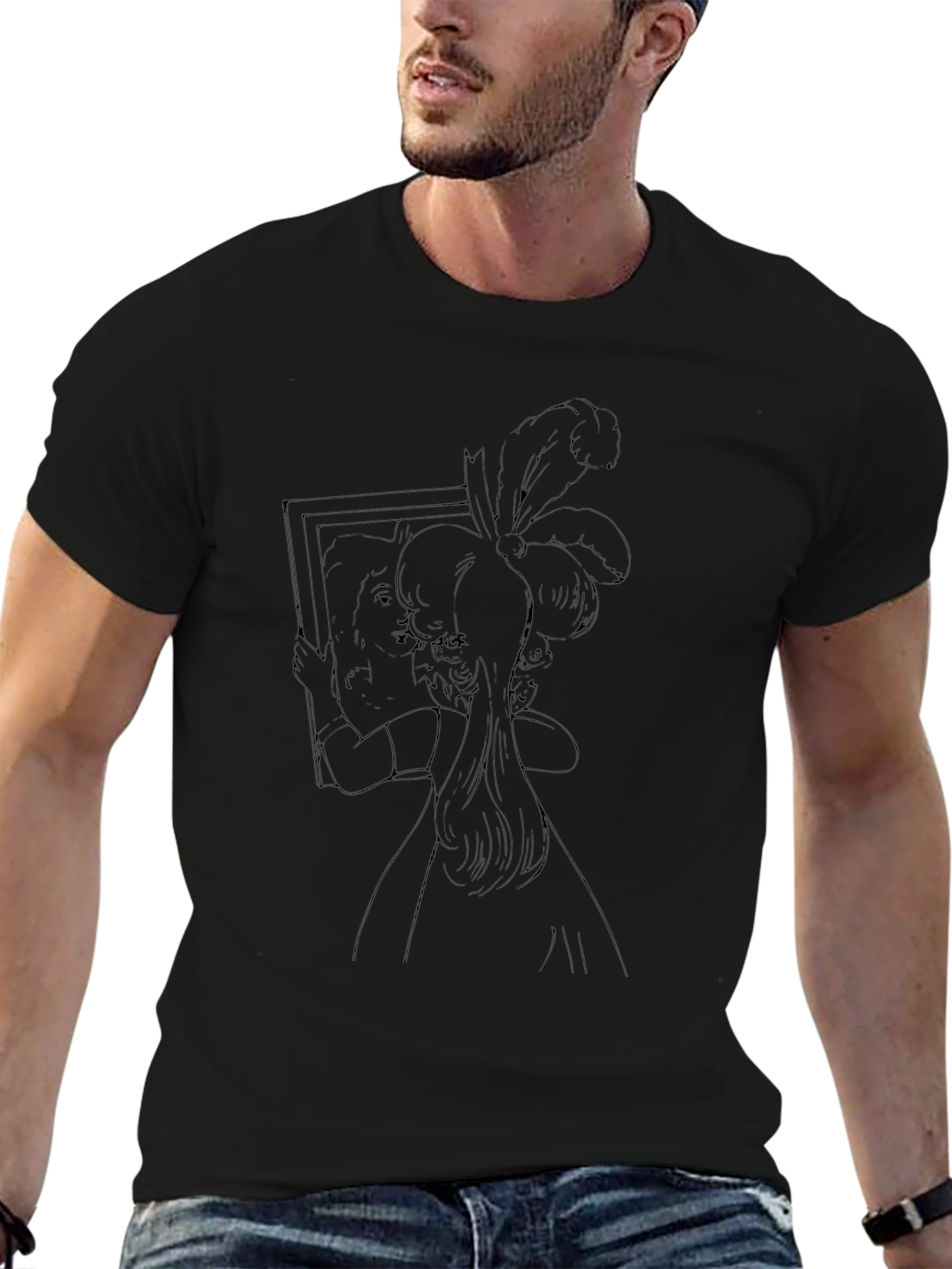 Artistic Black T-Shirt with Woman in Mirror Design