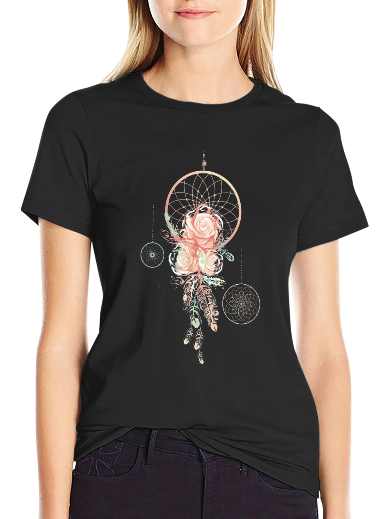 Dreamcatcher Rose Graphic Tee - Stylish Black T-Shirt