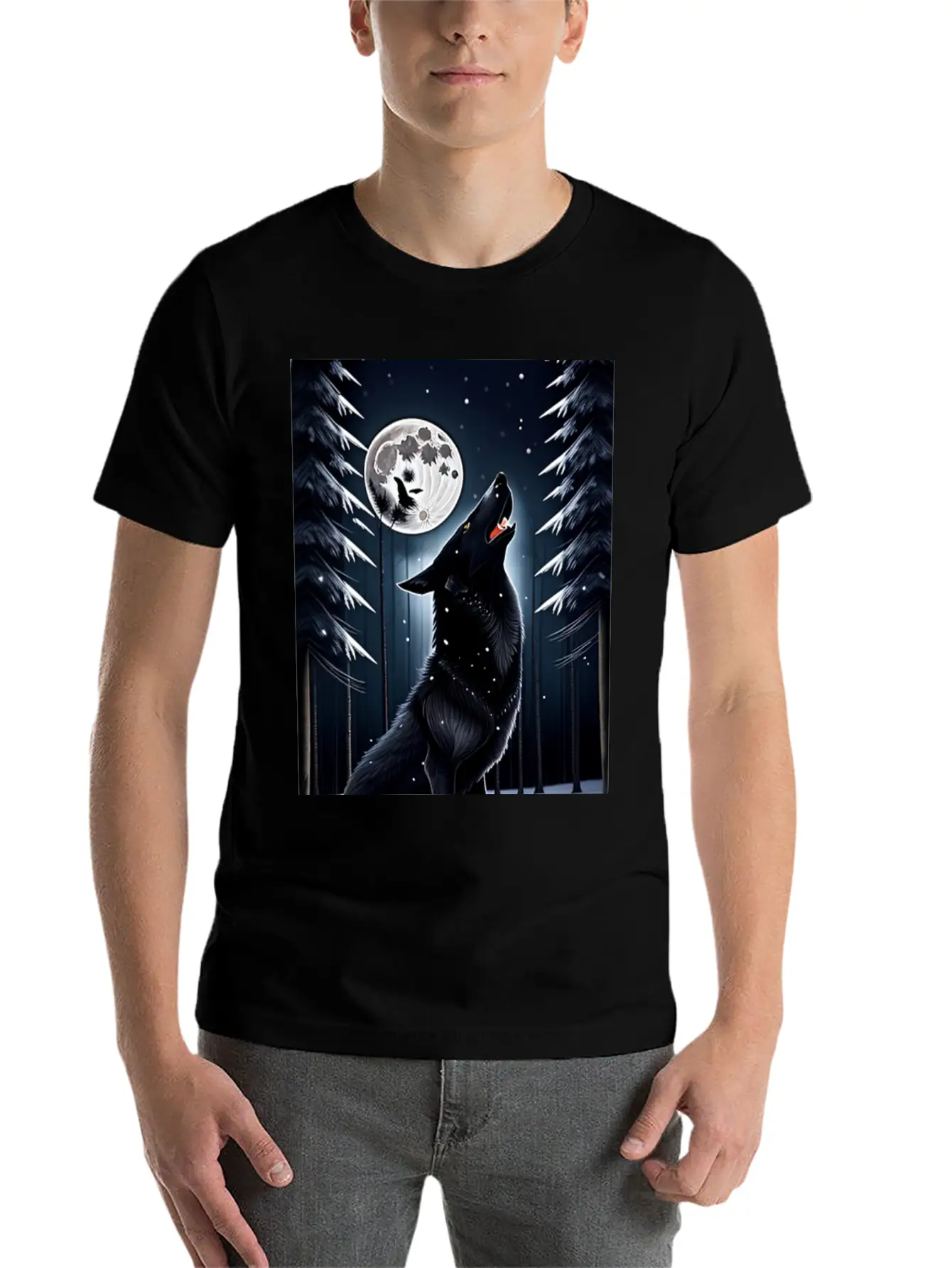 A Black Wolf And The Full Moon Essential Unisex Summer Tee – Soft Cotton Casual Fit