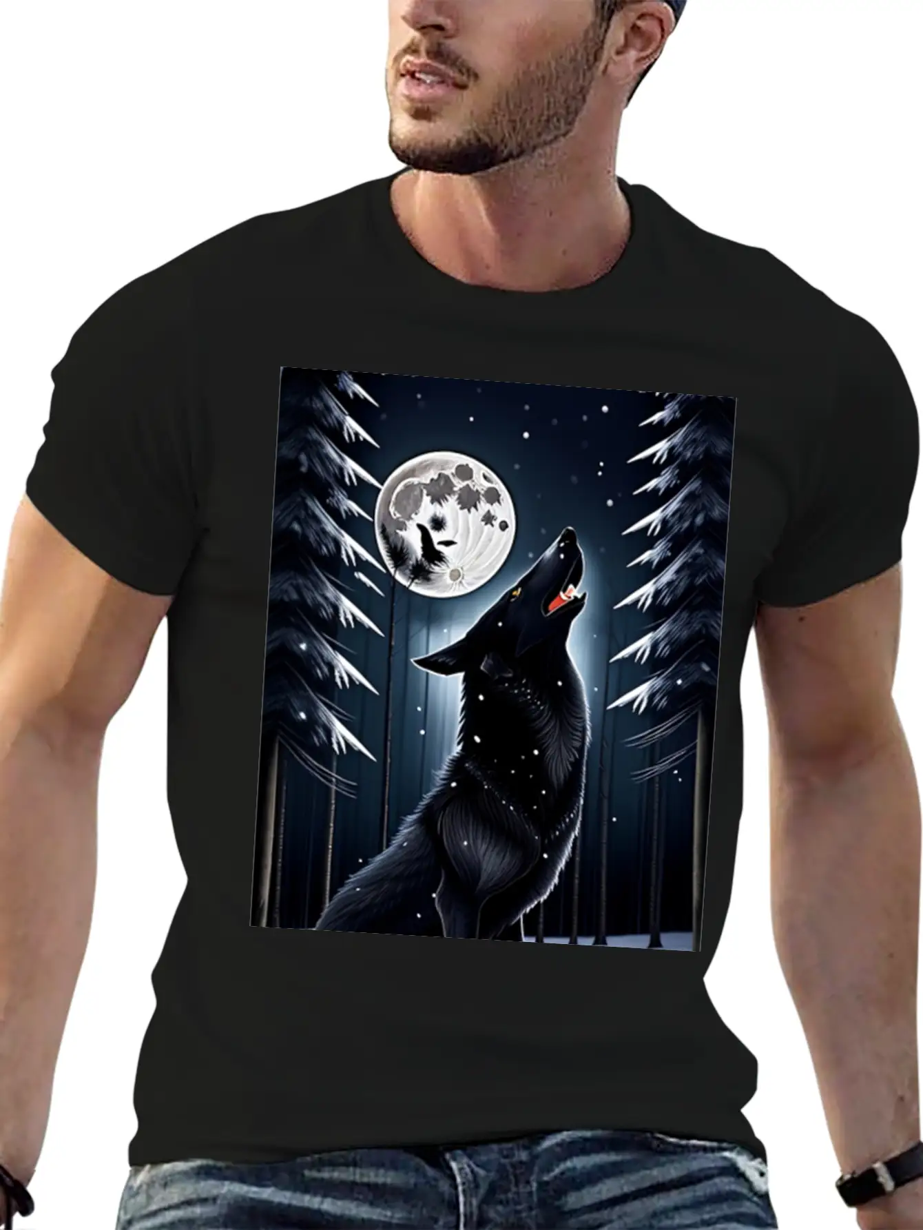 A Black Wolf And The Full Moon Essential Unisex Summer Tee – Soft Cotton Casual Fit