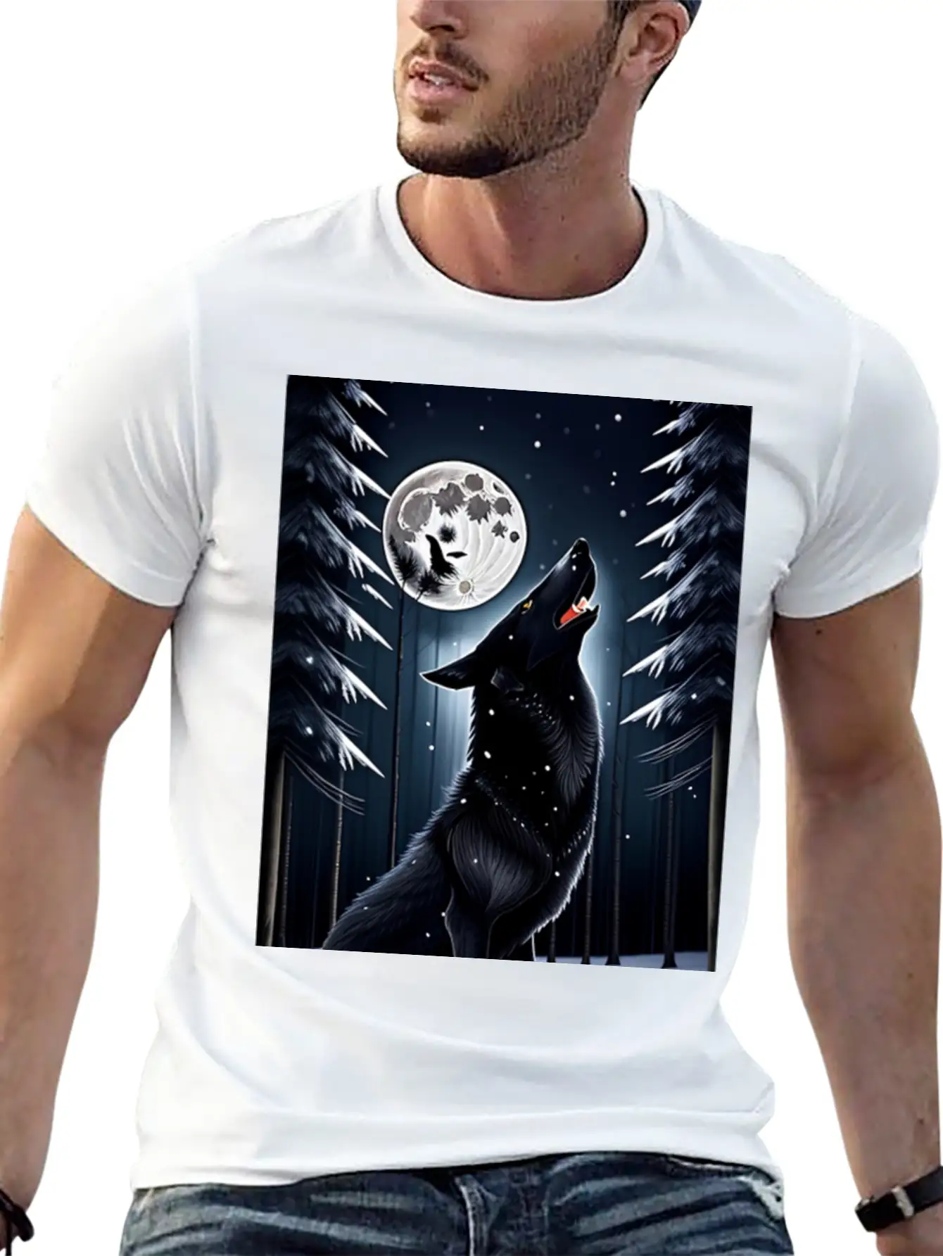A Black Wolf And The Full Moon Essential Unisex Summer Tee – Soft Cotton Casual Fit