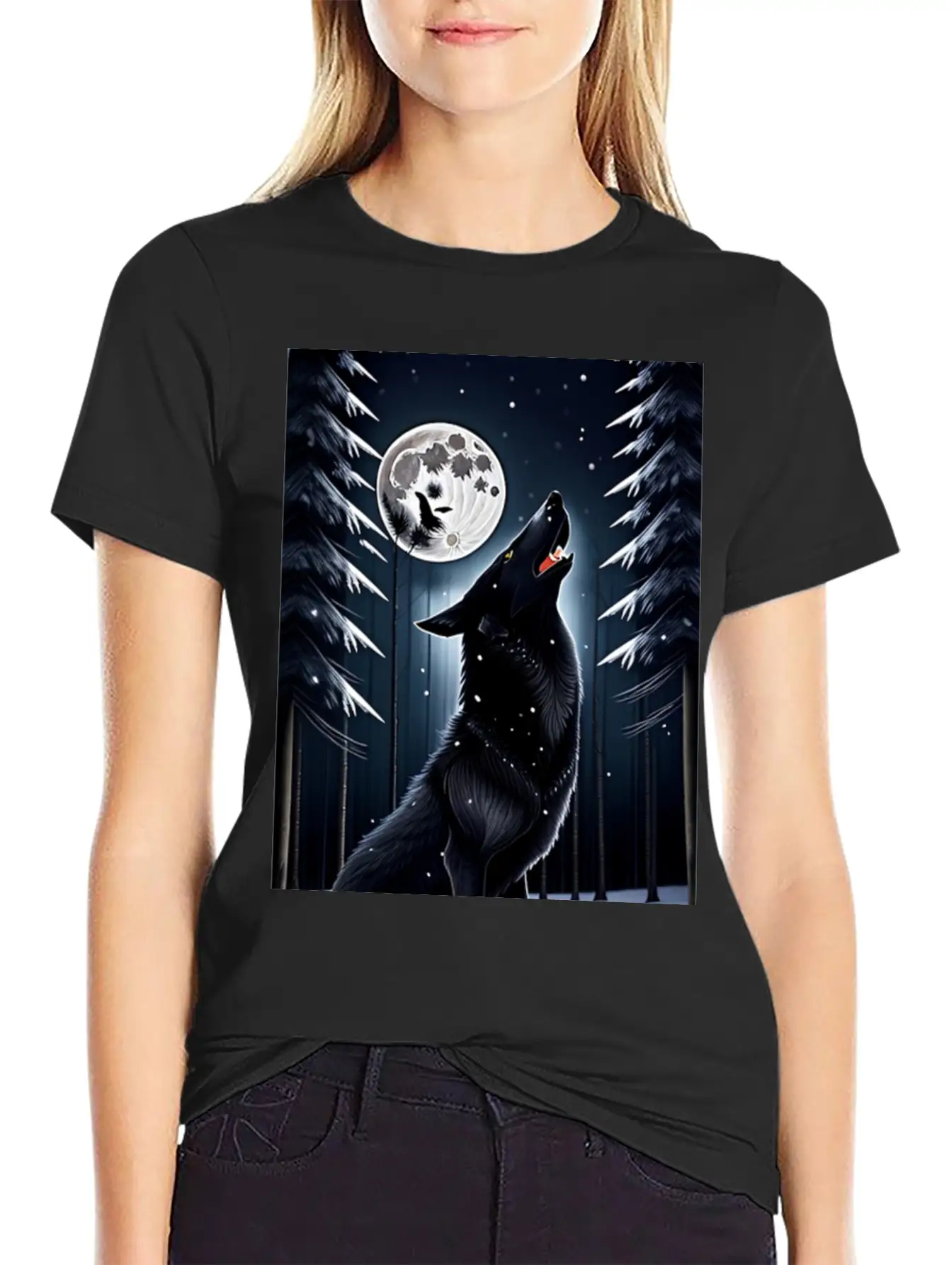 A Black Wolf And The Full Moon Essential Unisex Summer Tee – Soft Cotton Casual Fit