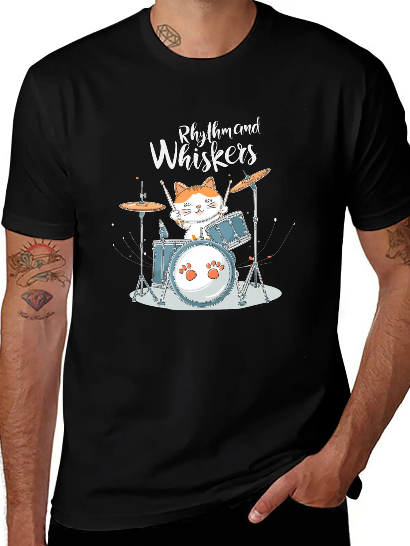 A Cartoon Cat Playing A Drum Set Unisex Short Sleeve Soft Cotton T-Shirt – Casual Everyday Wear