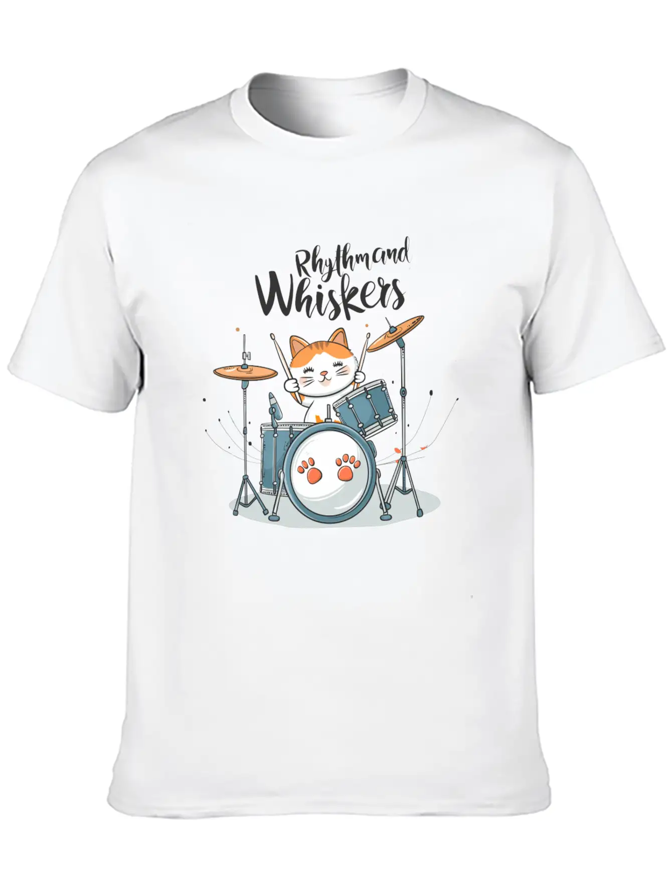 A Cartoon Cat Playing A Drum Set Unisex Short Sleeve Soft Cotton T-Shirt – Casual Everyday Wear