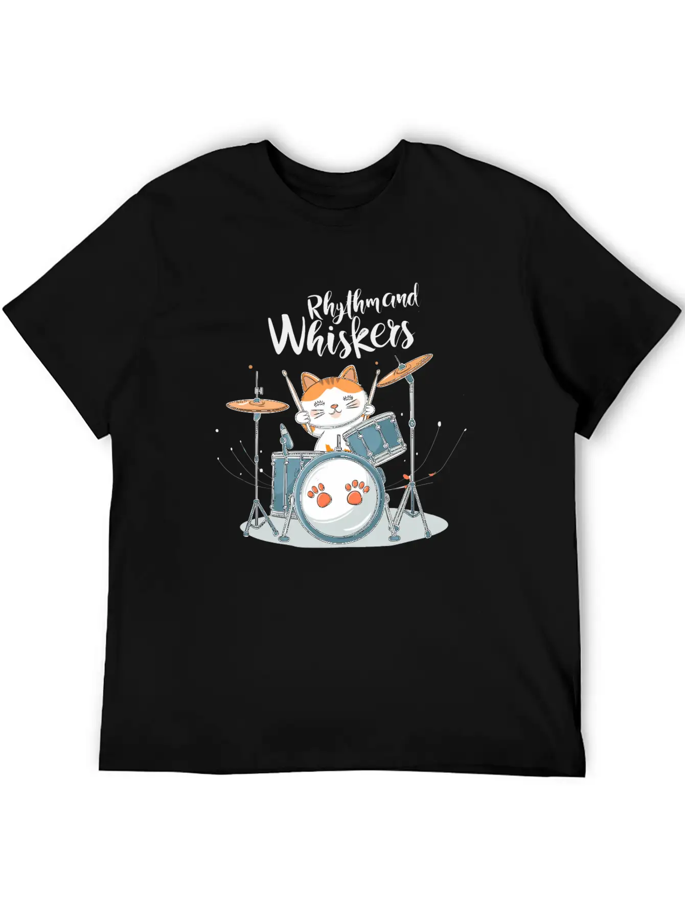 A Cartoon Cat Playing A Drum Set Unisex Short Sleeve Soft Cotton T-Shirt – Casual Everyday Wear