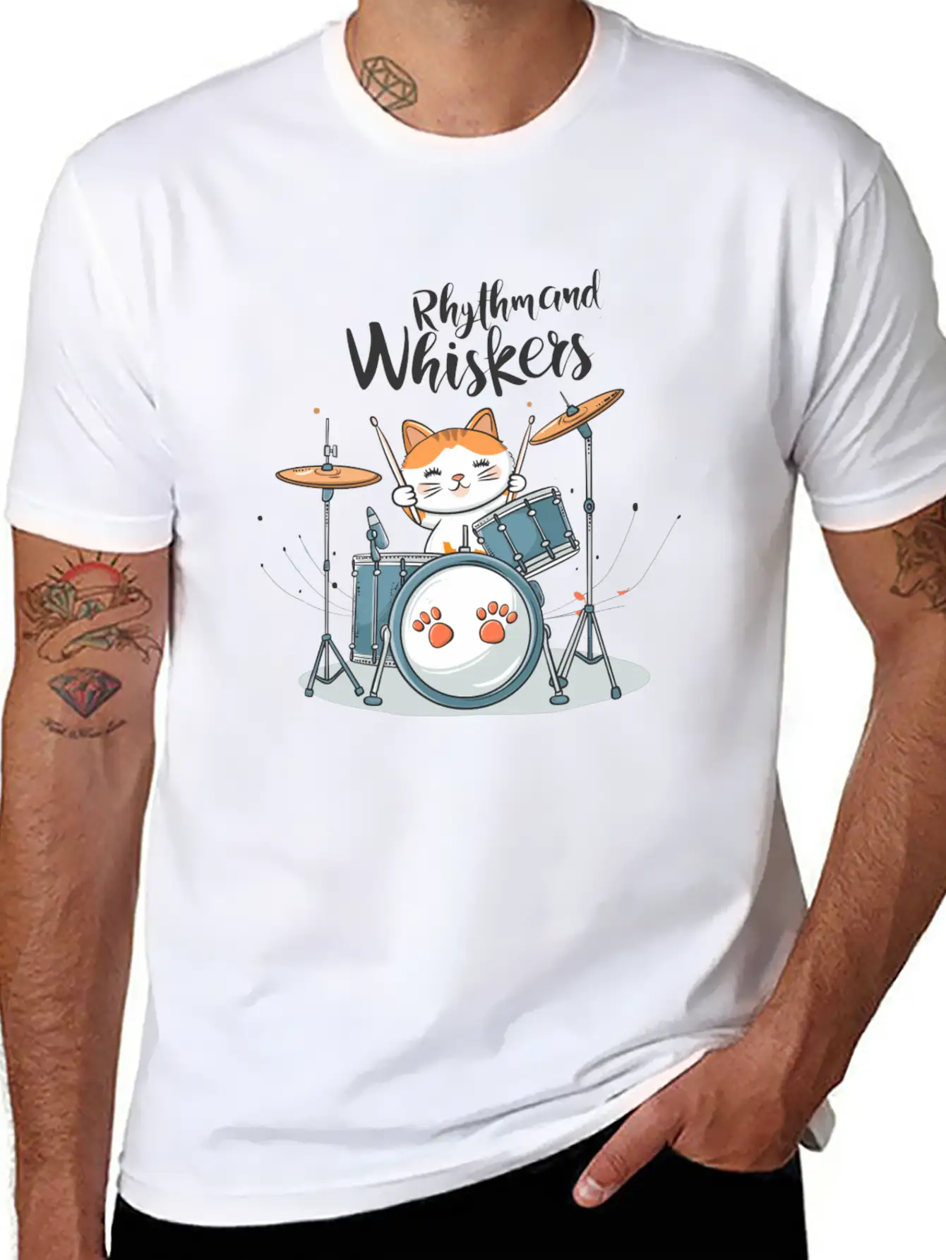 A Cartoon Cat Playing A Drum Set Unisex Short Sleeve Soft Cotton T-Shirt – Casual Everyday Wear
