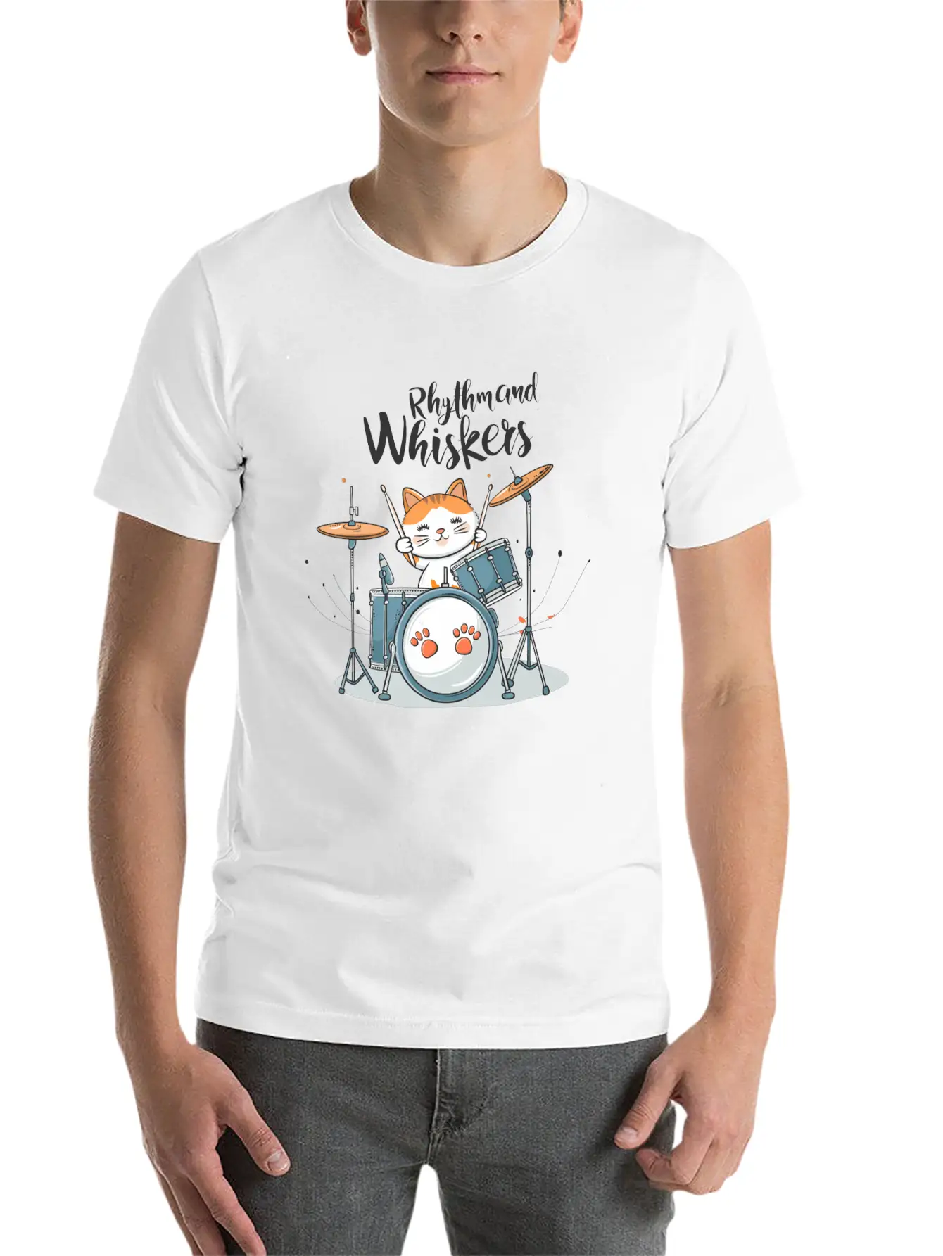 A Cartoon Cat Playing A Drum Set Unisex Short Sleeve Soft Cotton T-Shirt – Casual Everyday Wear