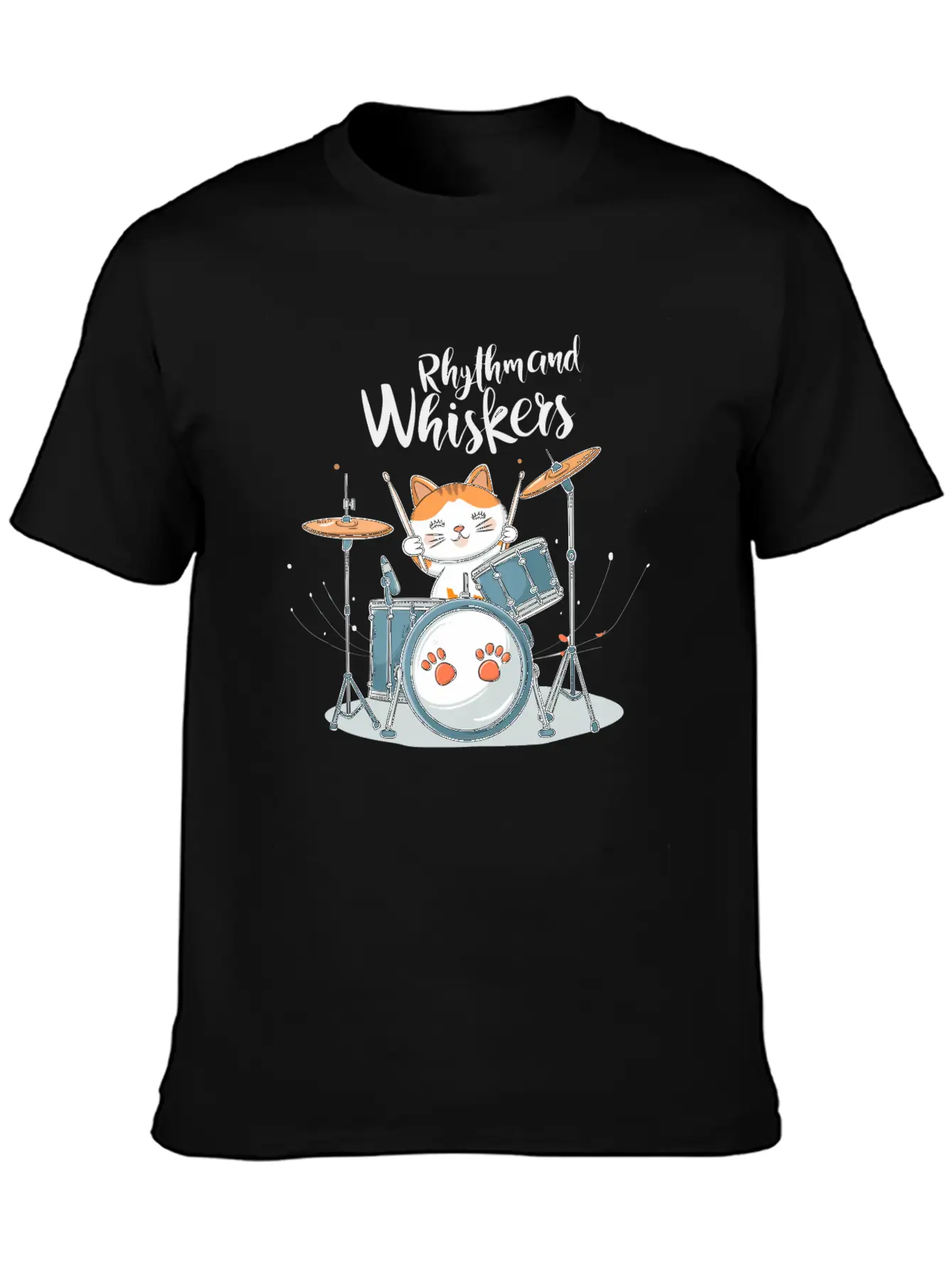 A Cartoon Cat Playing A Drum Set Unisex Short Sleeve Soft Cotton T-Shirt – Casual Everyday Wear