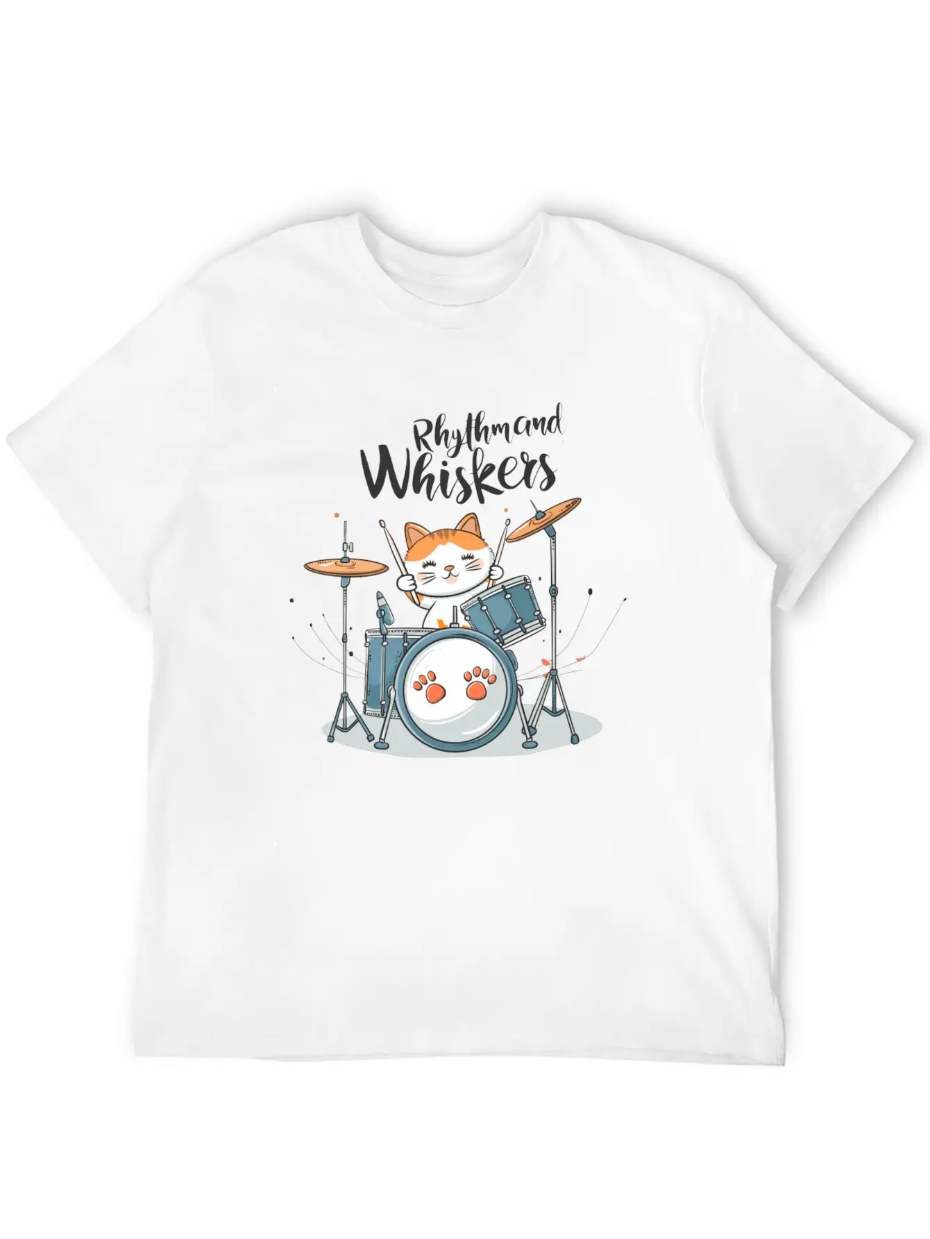 A Cartoon Cat Playing A Drum Set Unisex Short Sleeve Soft Cotton T-Shirt – Casual Everyday Wear