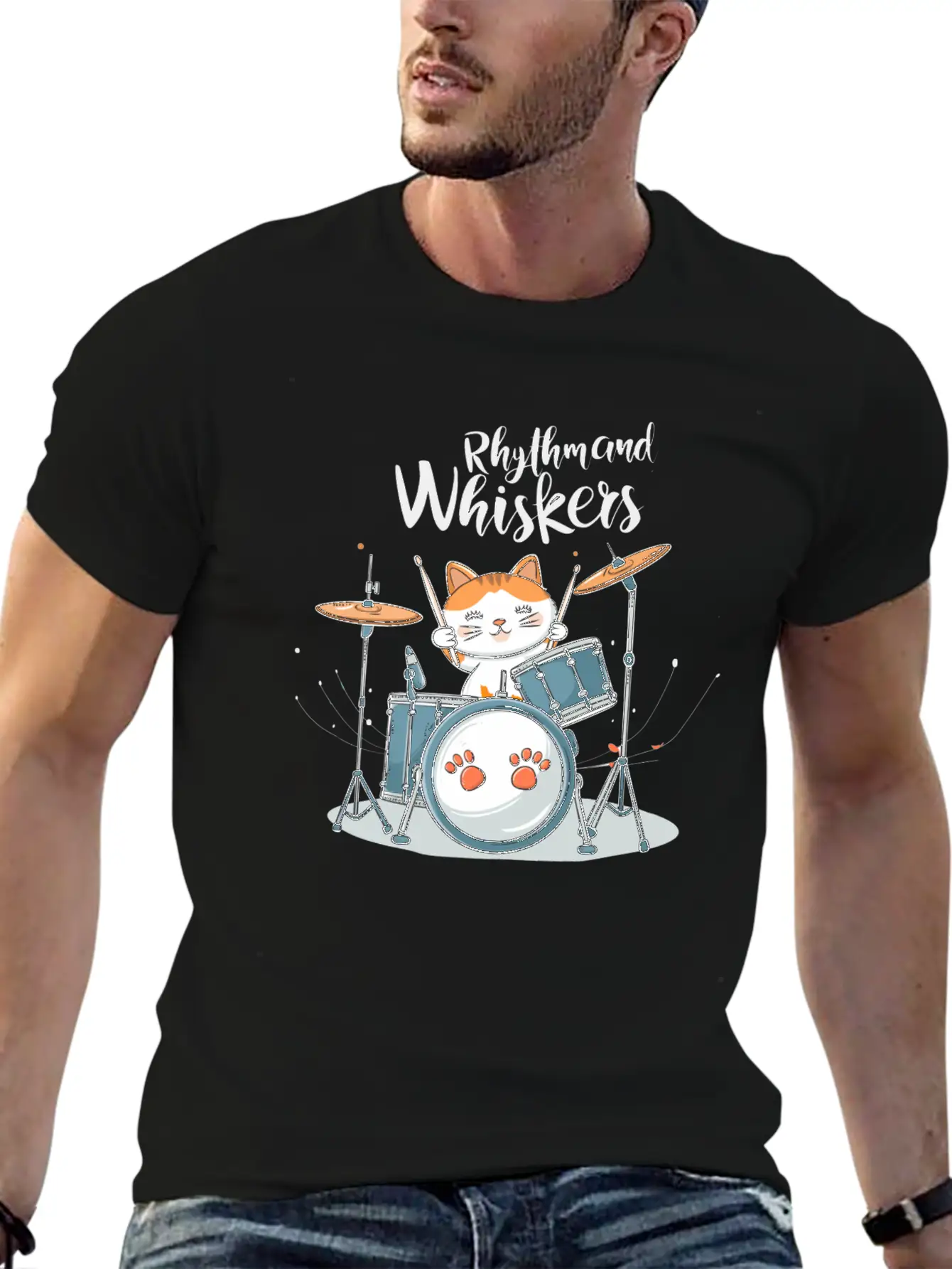 A Cartoon Cat Playing A Drum Set Unisex Short Sleeve Soft Cotton T-Shirt – Casual Everyday Wear
