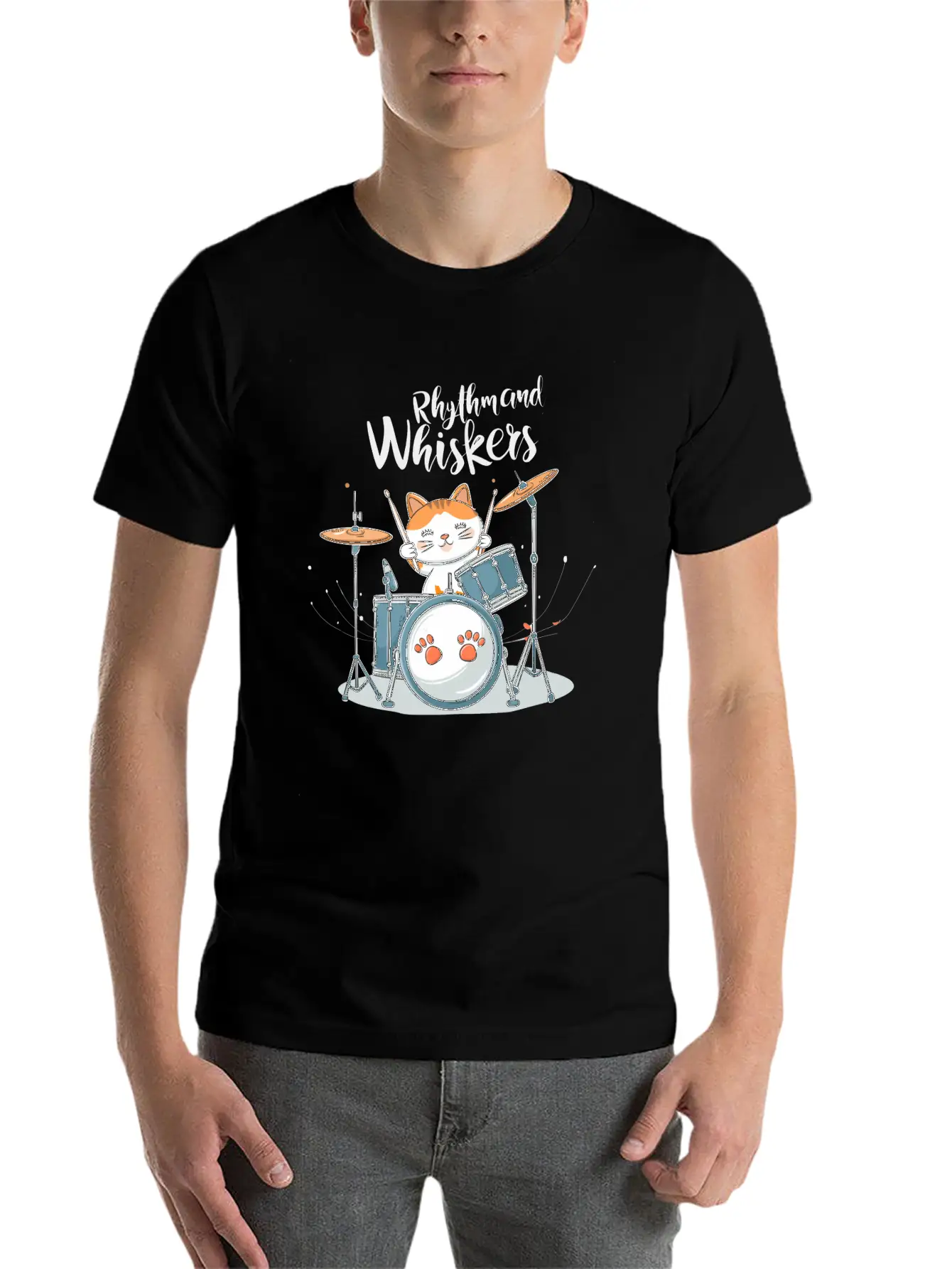 A Cartoon Cat Playing A Drum Set Unisex Short Sleeve Soft Cotton T-Shirt – Casual Everyday Wear