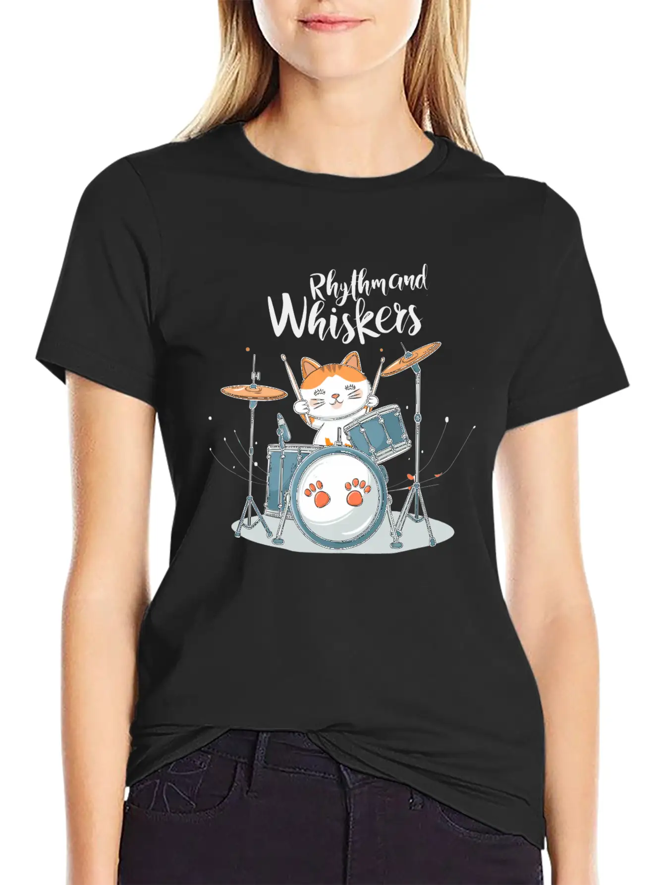 A Cartoon Cat Playing A Drum Set Unisex Short Sleeve Soft Cotton T-Shirt – Casual Everyday Wear