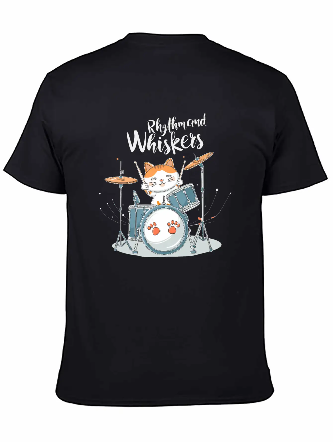 A Cartoon Cat Playing A Drum Set Unisex Short Sleeve Soft Cotton T-Shirt – Casual Everyday Wear