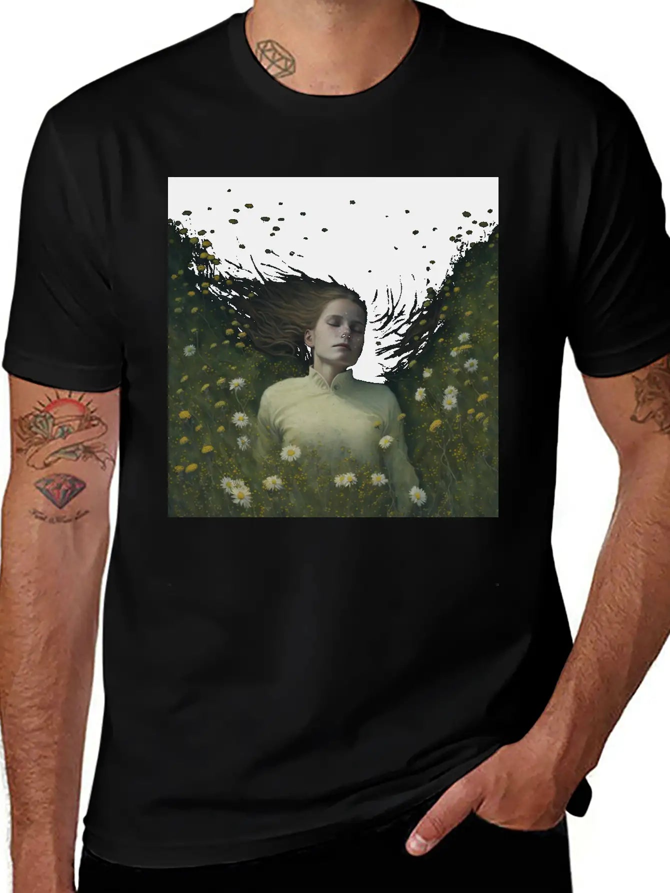 A Girl Lying In The Flowers, Dark Atmosphere Stylish Everyday T-Shirt – Unisex Basic Cotton Tee