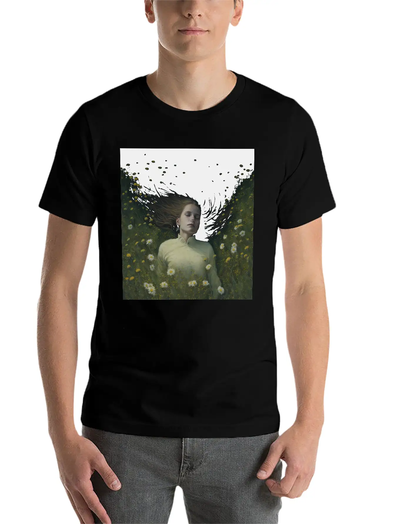 A Girl Lying In The Flowers, Dark Atmosphere Stylish Everyday T-Shirt – Unisex Basic Cotton Tee